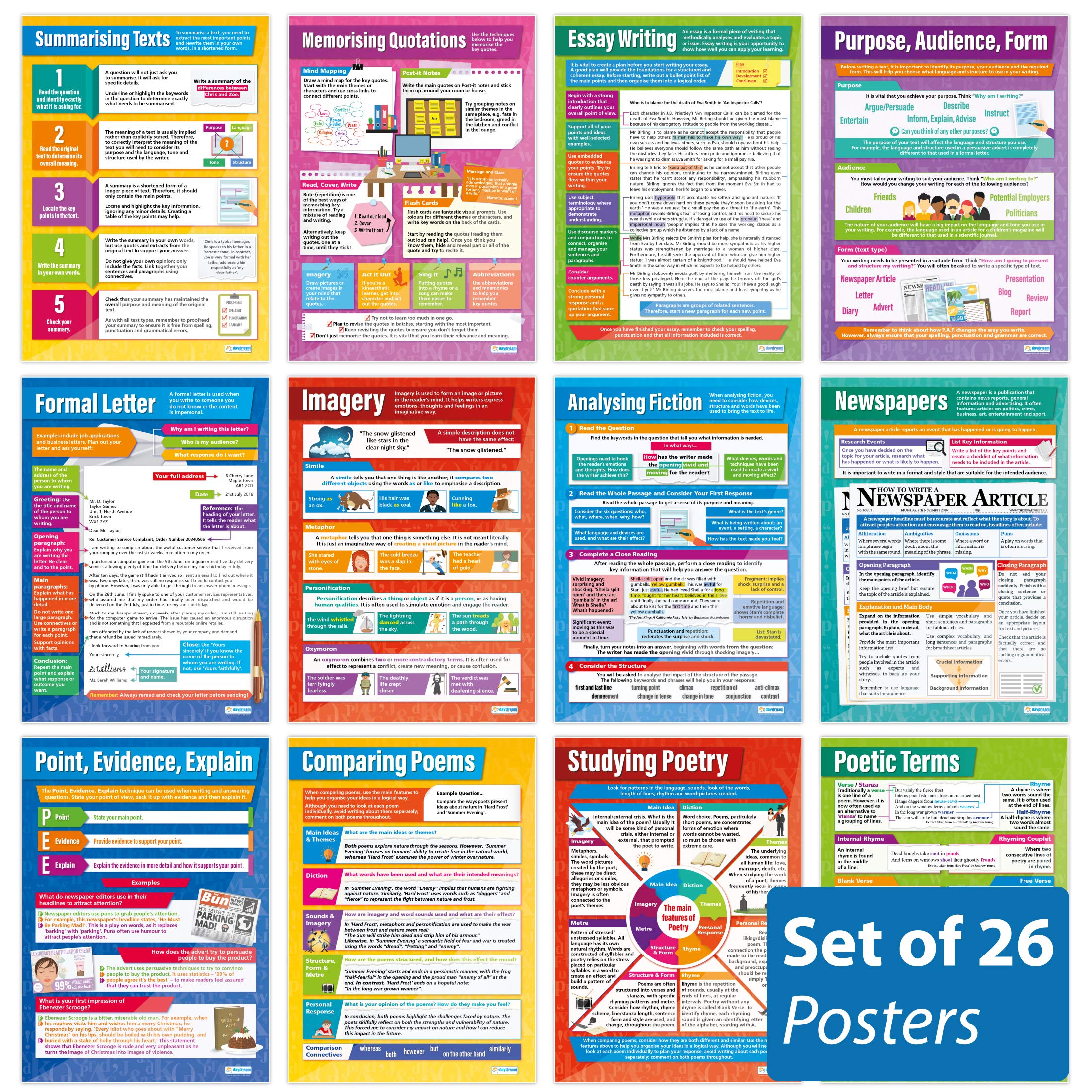Reading & Writing Classroom Posters - Set of 26 - EXTRA LARGE - A1 (850mm x 594mm) - Laminated - English Language Secondary School Charts by Daydream Education.