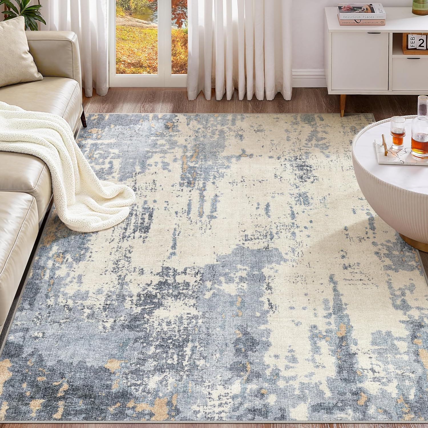 8x10 Area Rug Living Room Rugs - Washable Neutral Modern Abstract Soft Thin Rug Indoor Floor No Slip Rug Carpet for Bedroom Under Dining Table Home Office Decor - Blue/Light Brown Blue/Light Brown 8' x 10' (Rectangular)