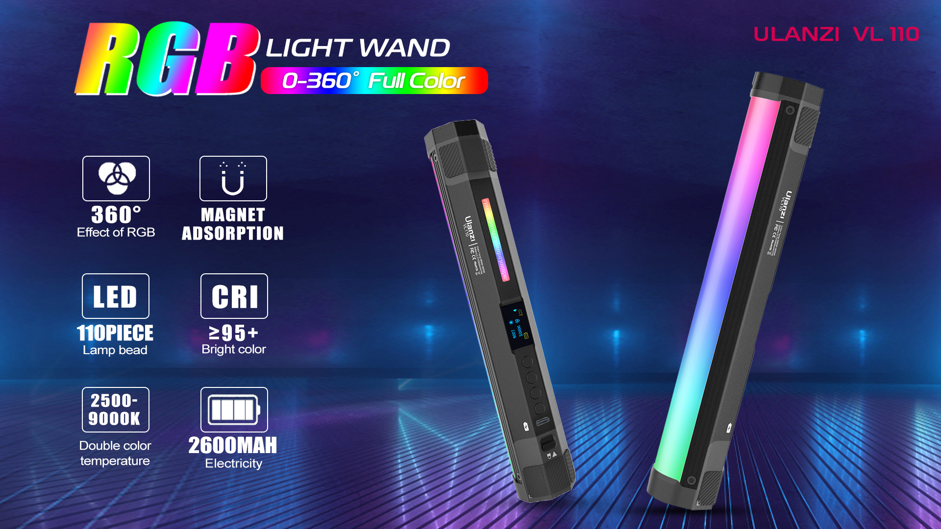 ULANZI VL110 Handheld Light Wand, 360° RGB LED Video Light