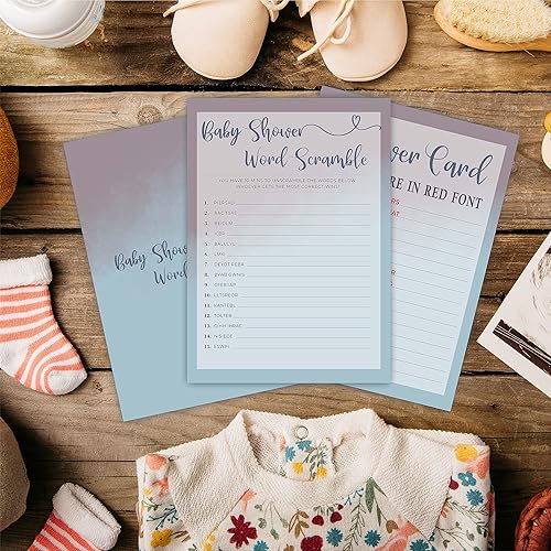 Miniatura 4 de Kit de juego de palabras para bebé para baby shower, 30 tarjetas de juego de relleno de estilo lila y azul y 1 tarjeta de respuesta para bebé niño o