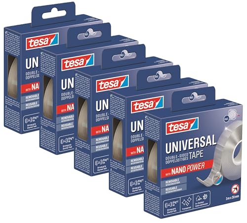 tesa Universal Nano Tape - transparentes, doppelseitiges Klebeband - leicht wiederablösbar und wiederverwendbar - wetterfest, für In- und Outdoor - 3 m x 30 mm (5er Pack)