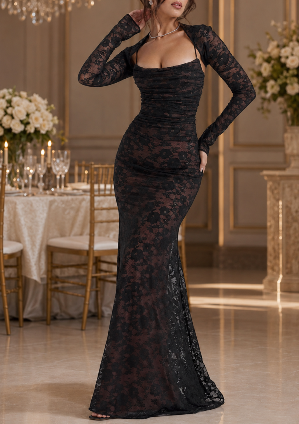 long sleeve black lace long dress Black Sheer Lace Draped Long Sleeve Maxi Dress