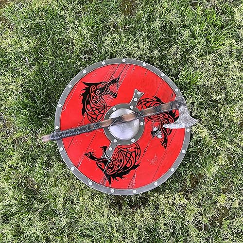 Miniatura 6 de LOOYAR Escudo de tótem de lobo de la era vikinga de los vikingos y decoraciones de hacha para disfraz de Halloween de caballero berserker vikingo