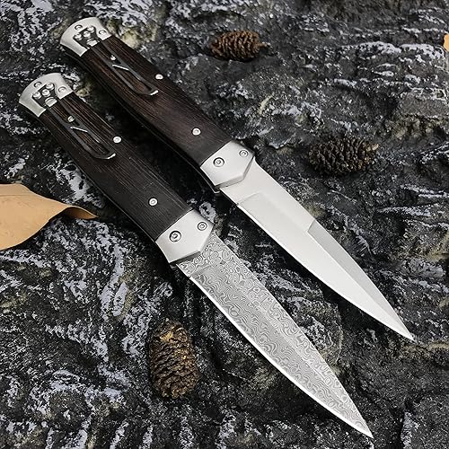 Miniatura 8 de HEiLON Cuchillo de bolsillo plegable táctico de acero de Damasco de un solo borde de acero de Damasco cómodo con mango de madera de wengué, bloqueo