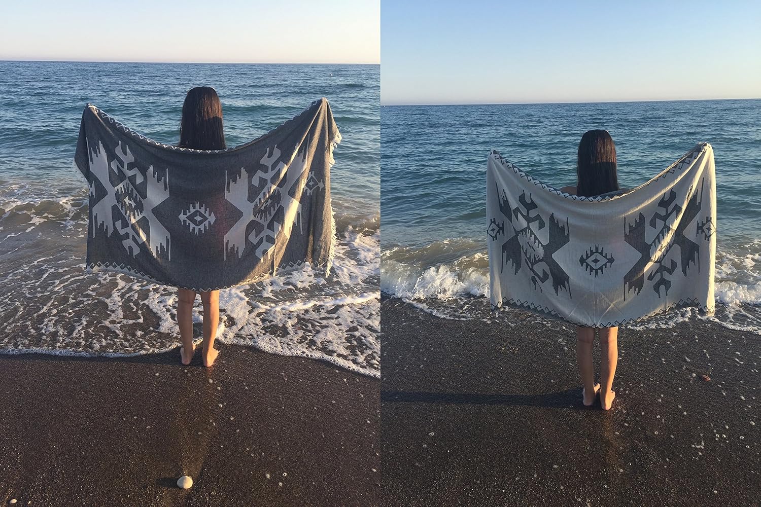 Bersuse 100% Cotton Oaxaca Turkish Towel Beach Towel Bath Towel Dual Layer Peshtemal Beach Blanket Beach Essentials - 37x70 Inches, Black (Set of 3)