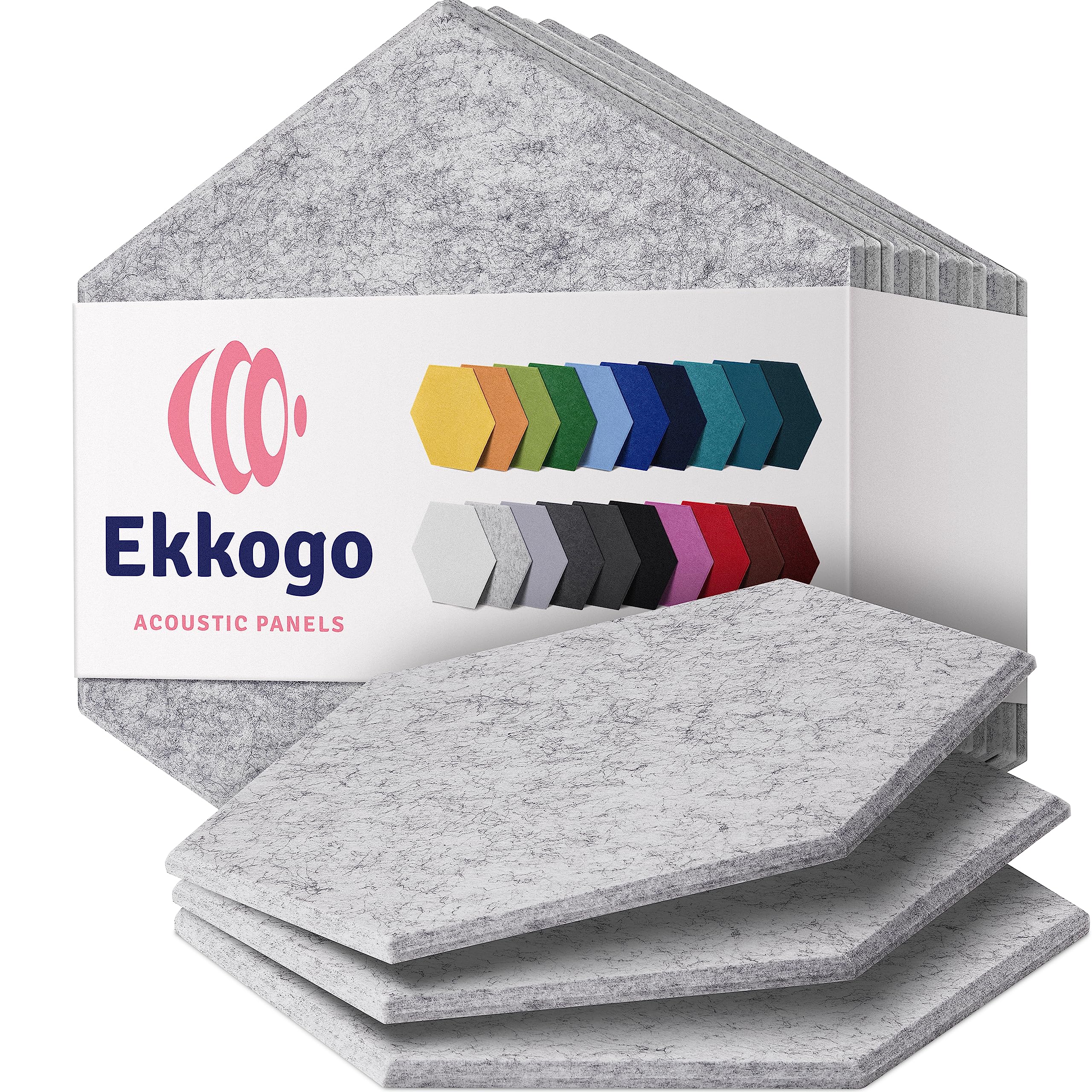 Ekkogo Acoustic Panels 12-Pack Soundproof Wall Panels 14''X13''X0.4'' Sound Panels High Density Sound Dampening Panels - [Smoky White Hexagon]