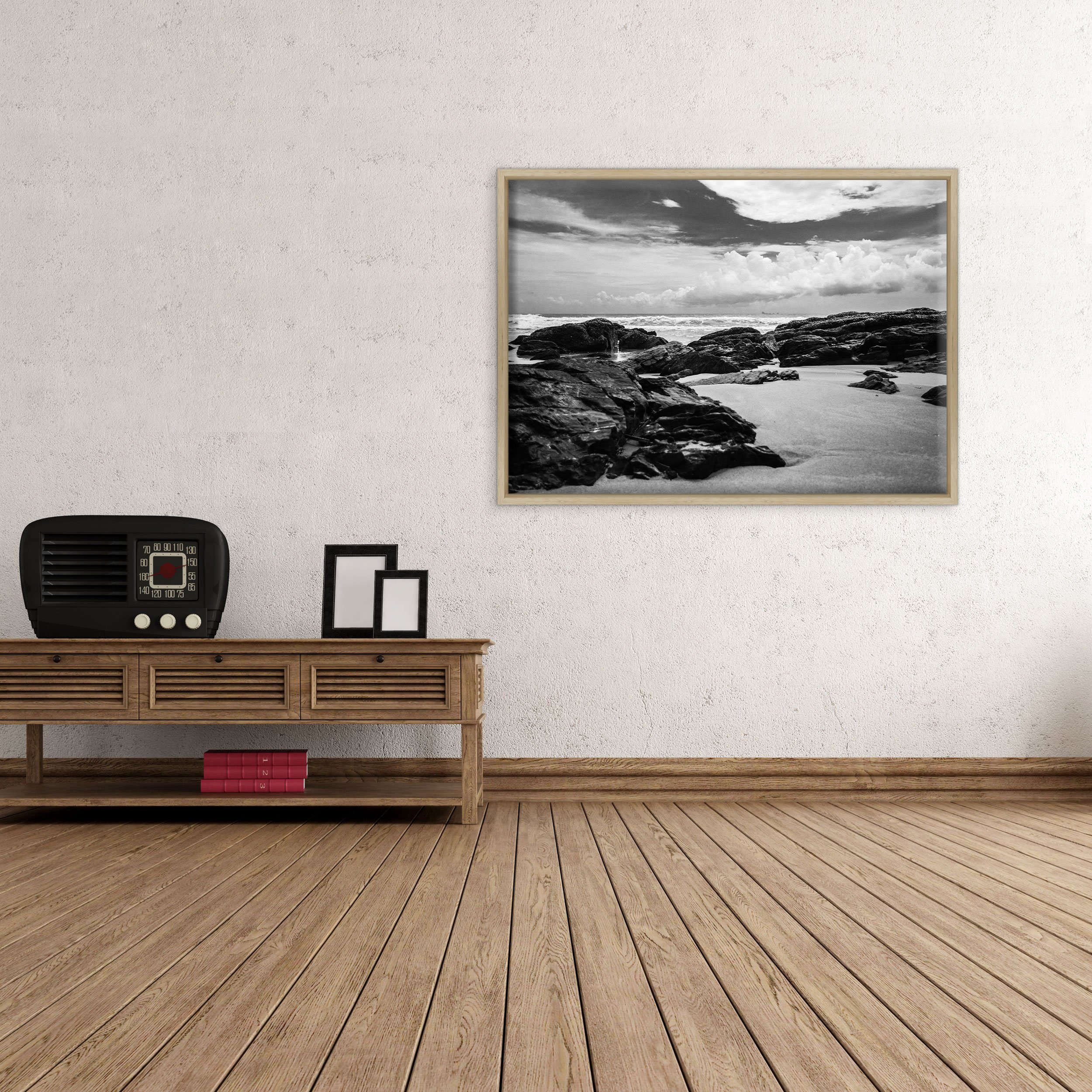 QUADRO SU TELA CANVAS INTELAIATO - CON CORNICE - Oceano Bianco e Nero - Paesaggio Natura Panorama - 70x100cm - Stile Moderno Legno Naturale - (cod.4381)