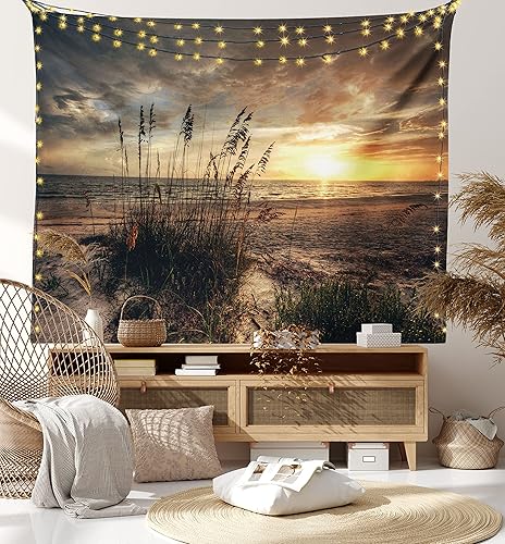 Ambesonne Tapiz de playa, escena costera tranquila con horizonte en medio de la nada nublado puesta de sol imagen del océano, colgante de pared