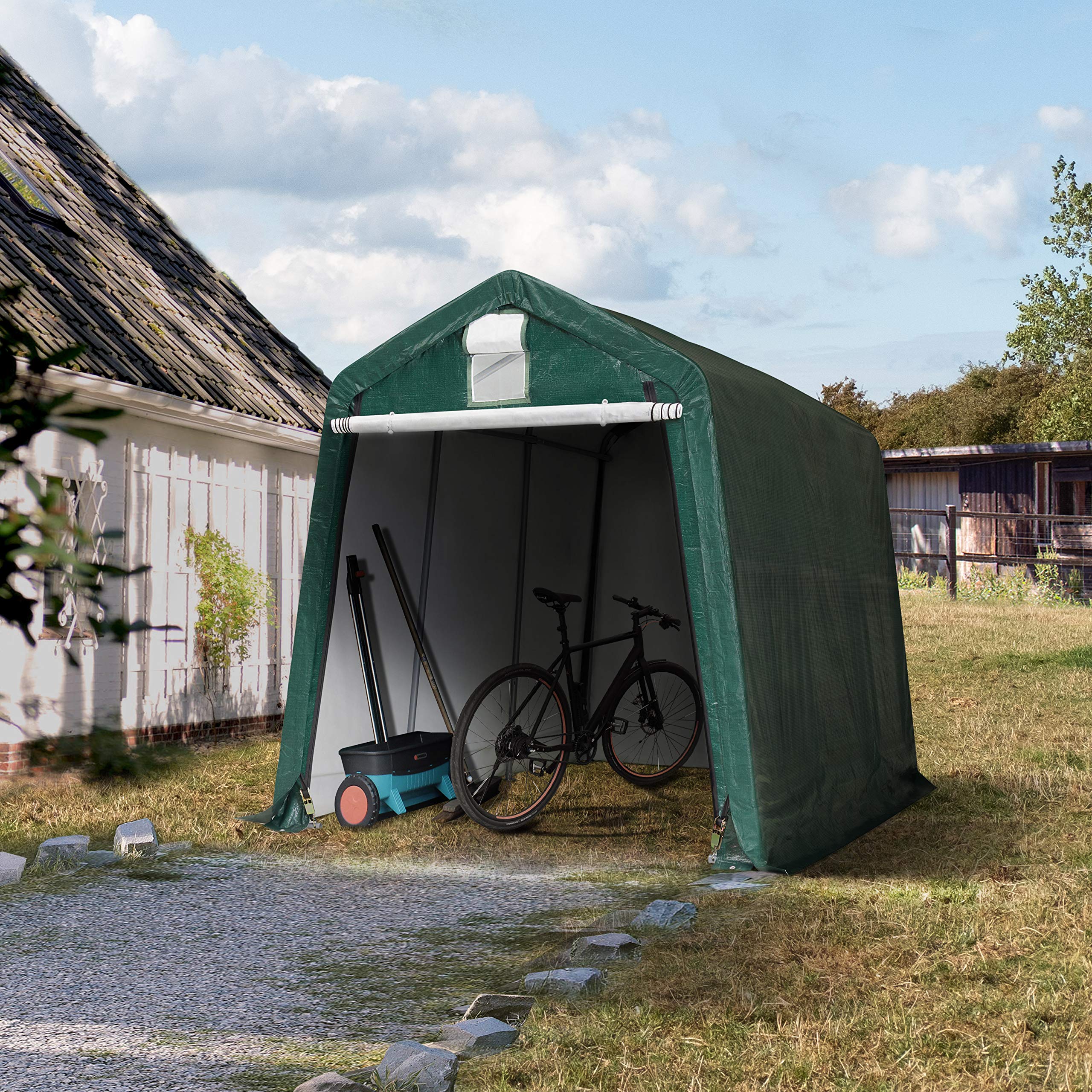 Garaje portátil 2,4 x 3,6 m Cobertizo de Almacenamiento PE 450 N Carpa Cochera Cubierta Verde Oscuro