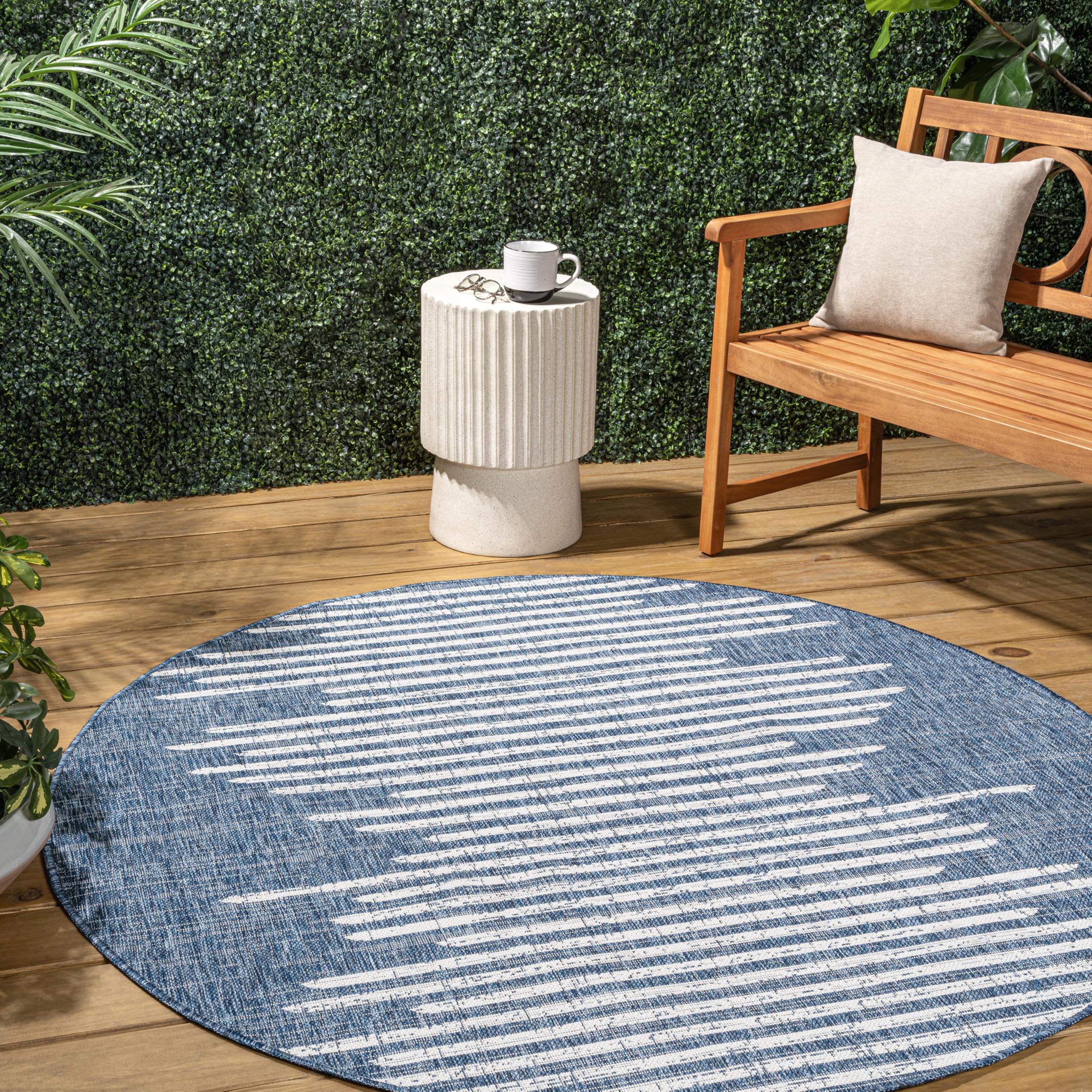 JONATHAN Y Stripe Geometric Indoor Outdoor Round Area Rug 6 Ft Blue/Ivory, Zolak Berber for Backyard, Patio, Porch, Easy-Cleaning, High Traffic, Pet-Friendly, Non-Shedding (SMB124C-6R)