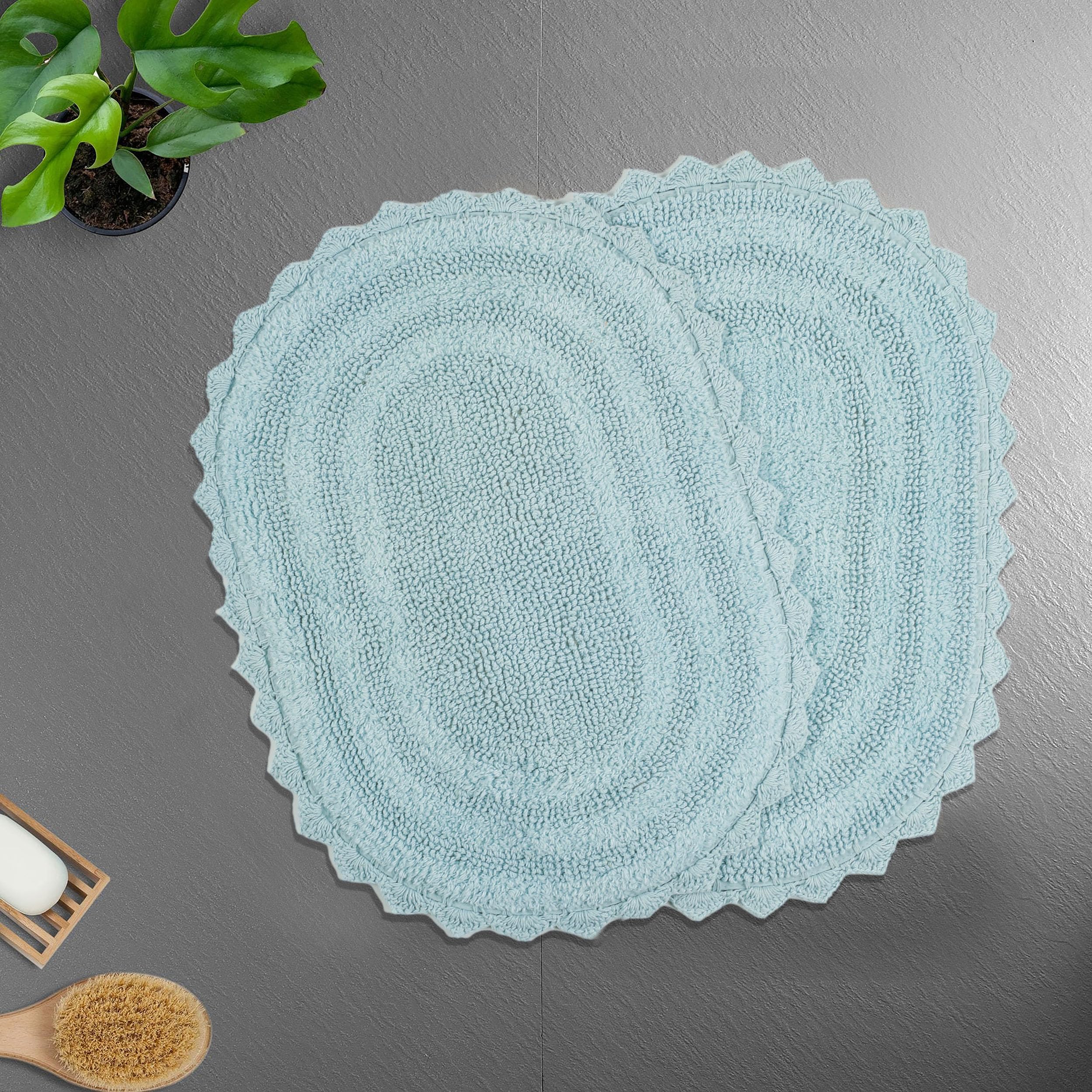 TreeWool 2-Pack Gorjeeus Collection Soft Reversible Bathroom Rug Cotton Bath Mat Set with Crochet Border - Oval (19" x 26"; Sky Blue)