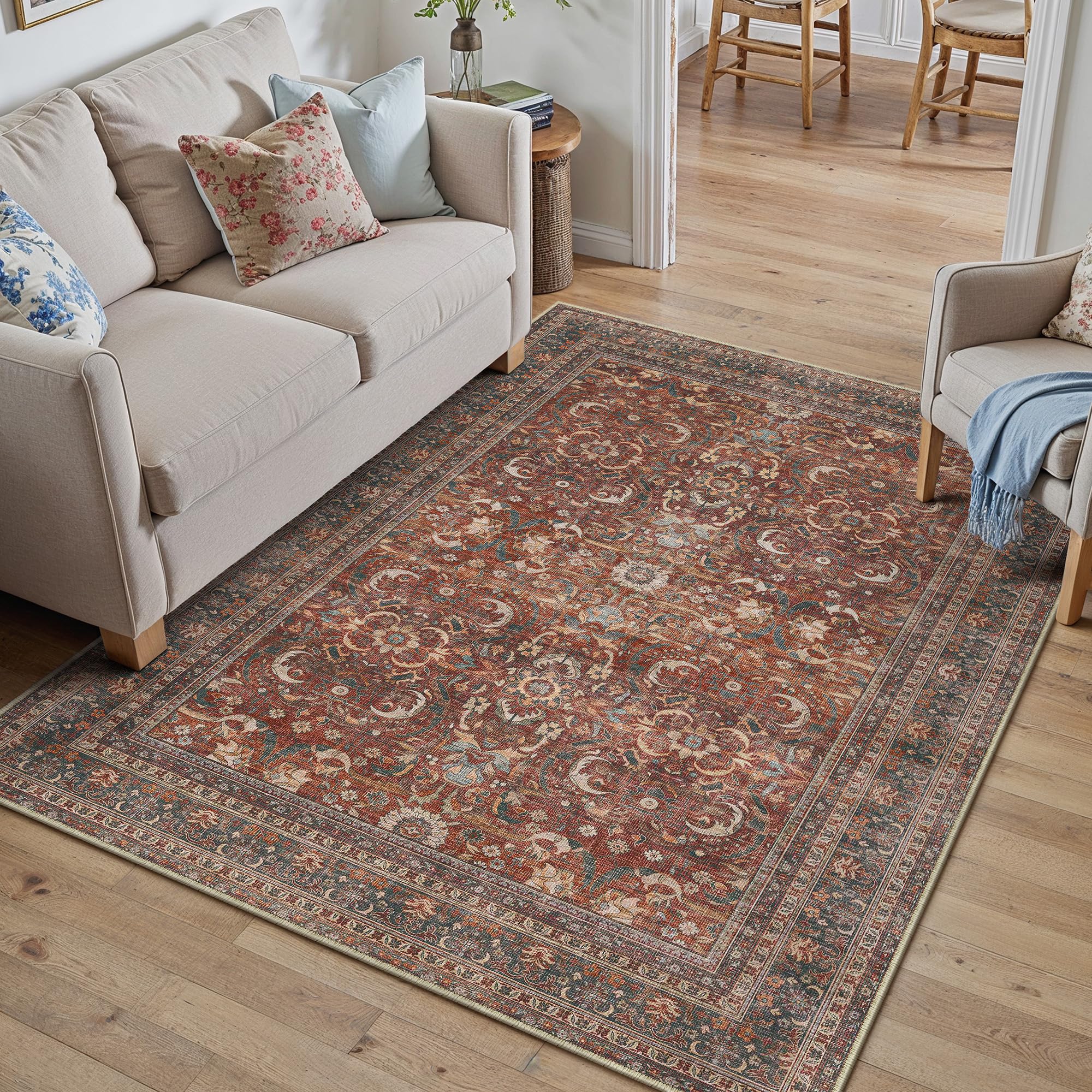 PureCozy Washable Rugs Living Room 120x170cm Vintage Area Rugs,Red — image 1