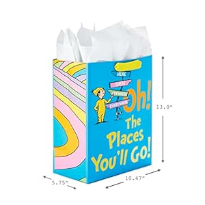 Hallmark 13" Large Dr. Seuss Graduation Gift Bag with Tissue Paper and Graduation Card (Oh, the Places You'll Go!) for High School, Kindergarten, College, Nursing School Grads Hallmark 13 Large Dr Seuss Graduation Gift Bag with Tissue Paper and Graduation Card Oh the Places Youll Go for High School Kindergarten College Nursing School Grads