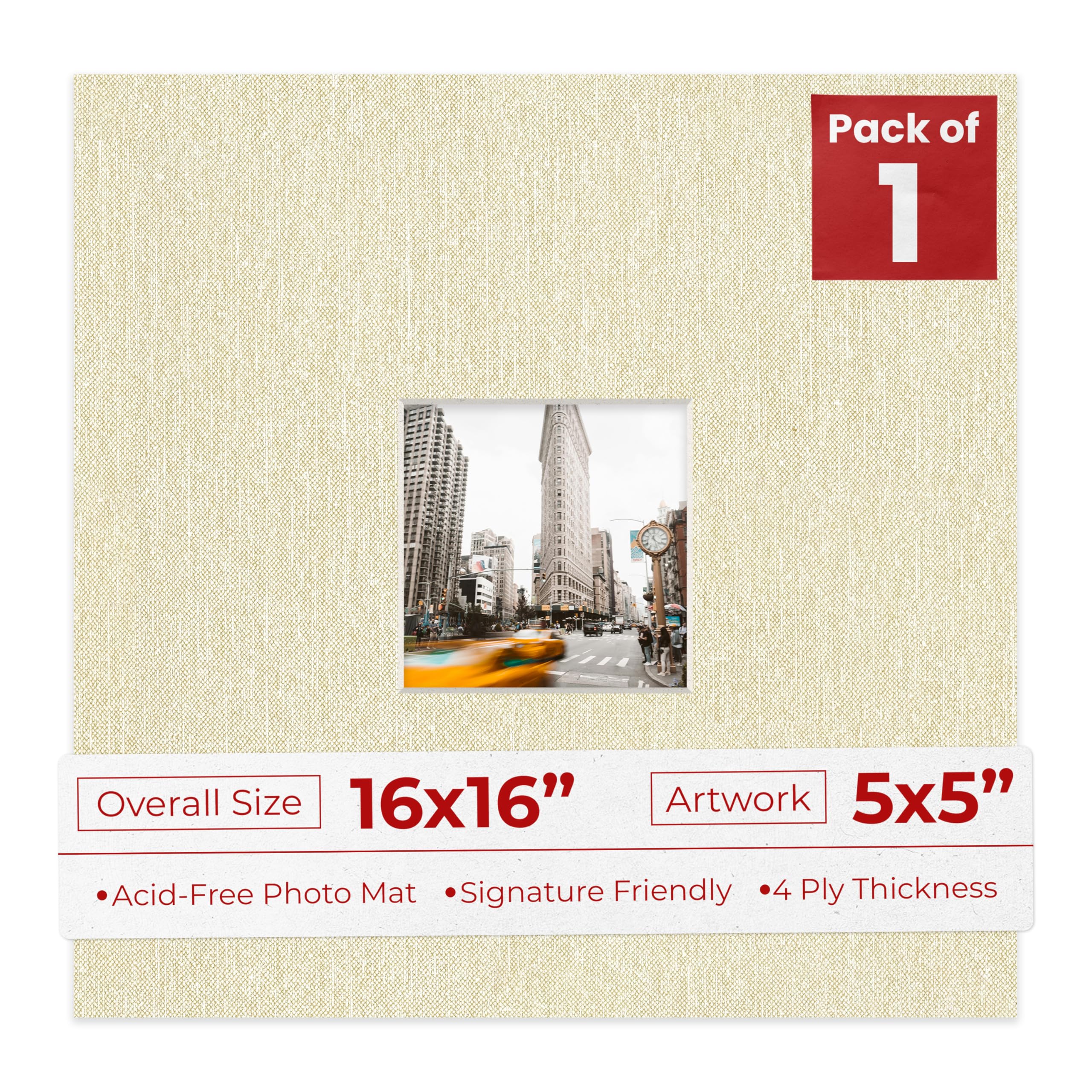 16x16 Mat Bevel Cut for 5x5 Photos - Precut Fresh Linen Canvas Square Shaped Photo Mat Board Opening - Acid Free Matte to Protect Your Pictures - Bevel Cut for Family Photos, Pack of 1 Matboard-image-26