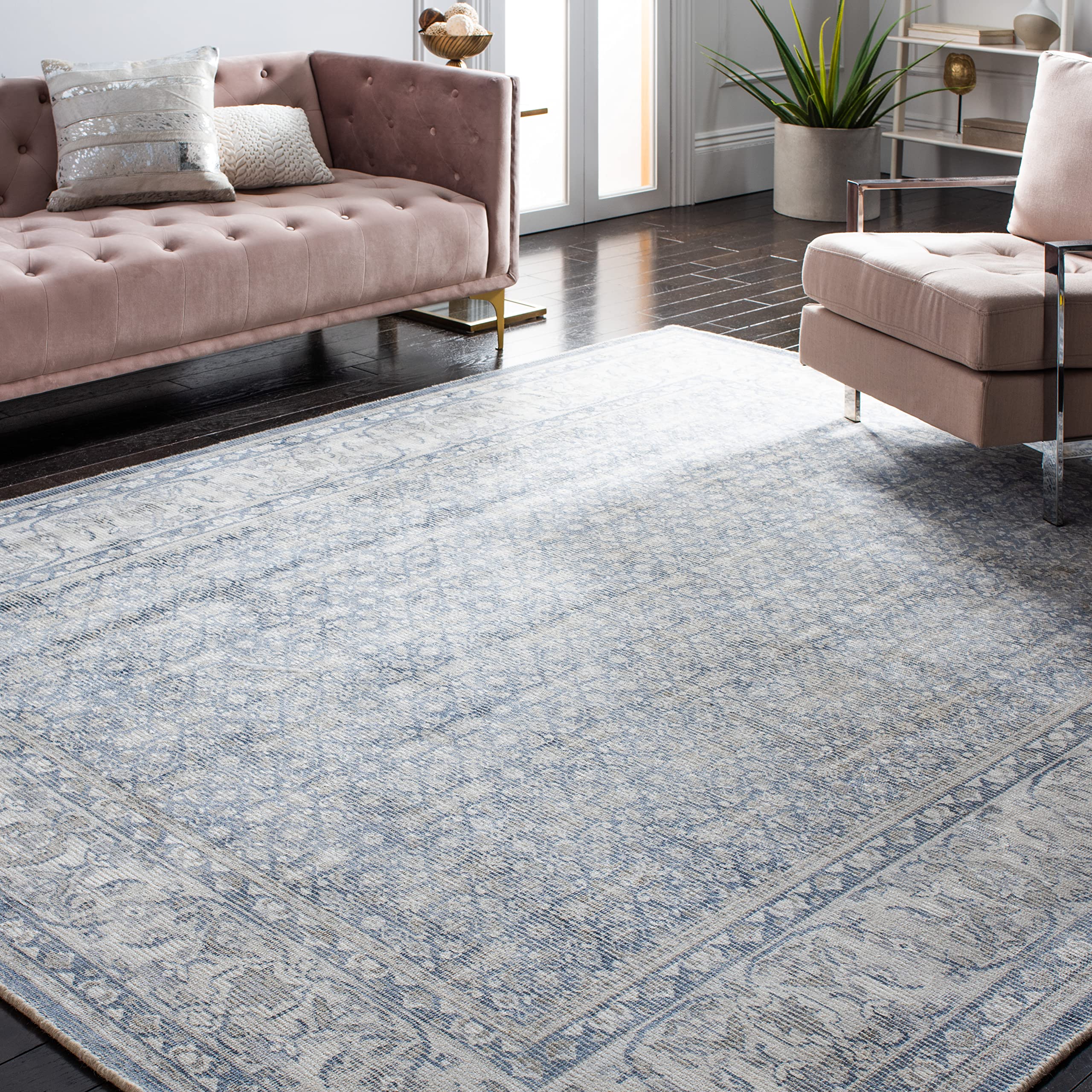 Safafavieh Area Rug 8x10 - Restoration Vintage Collection - Large - Blue & Ivory, Handmade Wool & Viscose, Ideal for Living Room, Bedroom, Office, Dining Space (RVT706M)