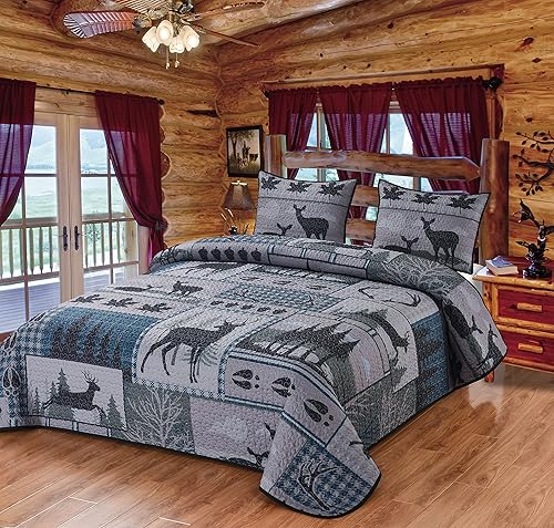 DeLeon Collections Deer Run - Juego de ropa de cama de retazostamaño edredón Queen + 2 fundas de almohada estándar, azulverdegris disponible en Yaxa Colombia