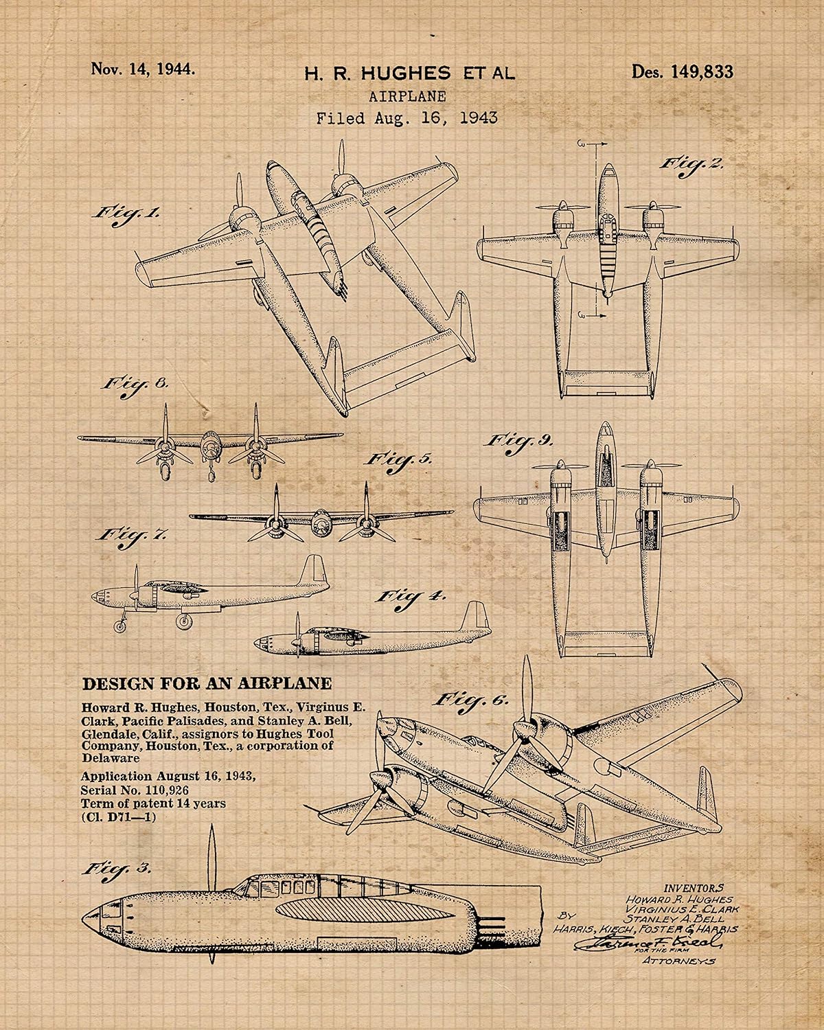 Vintage Howard Hughes Henry Ford Propeller Airplanes Patent Prints, 6 (8x10) Unframed Photos, Wall Art Decor for Home Work Office Aviation Fly Gears Garage School Student Teacher Pilot Coach Builder