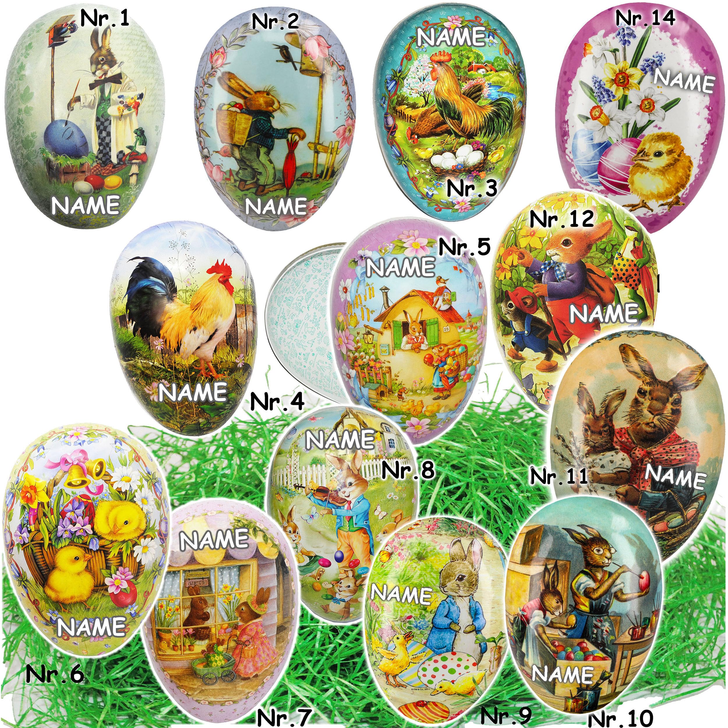alles-meine.de GmbH XXL - Ostergras & Pappei zum Befüllen - 36 cm - Hasen am Schaufenster - incl. Name - Osterei/Ei zum Befüllen - Papposterei - Deko Pappe Papp - Dekoei Pa..