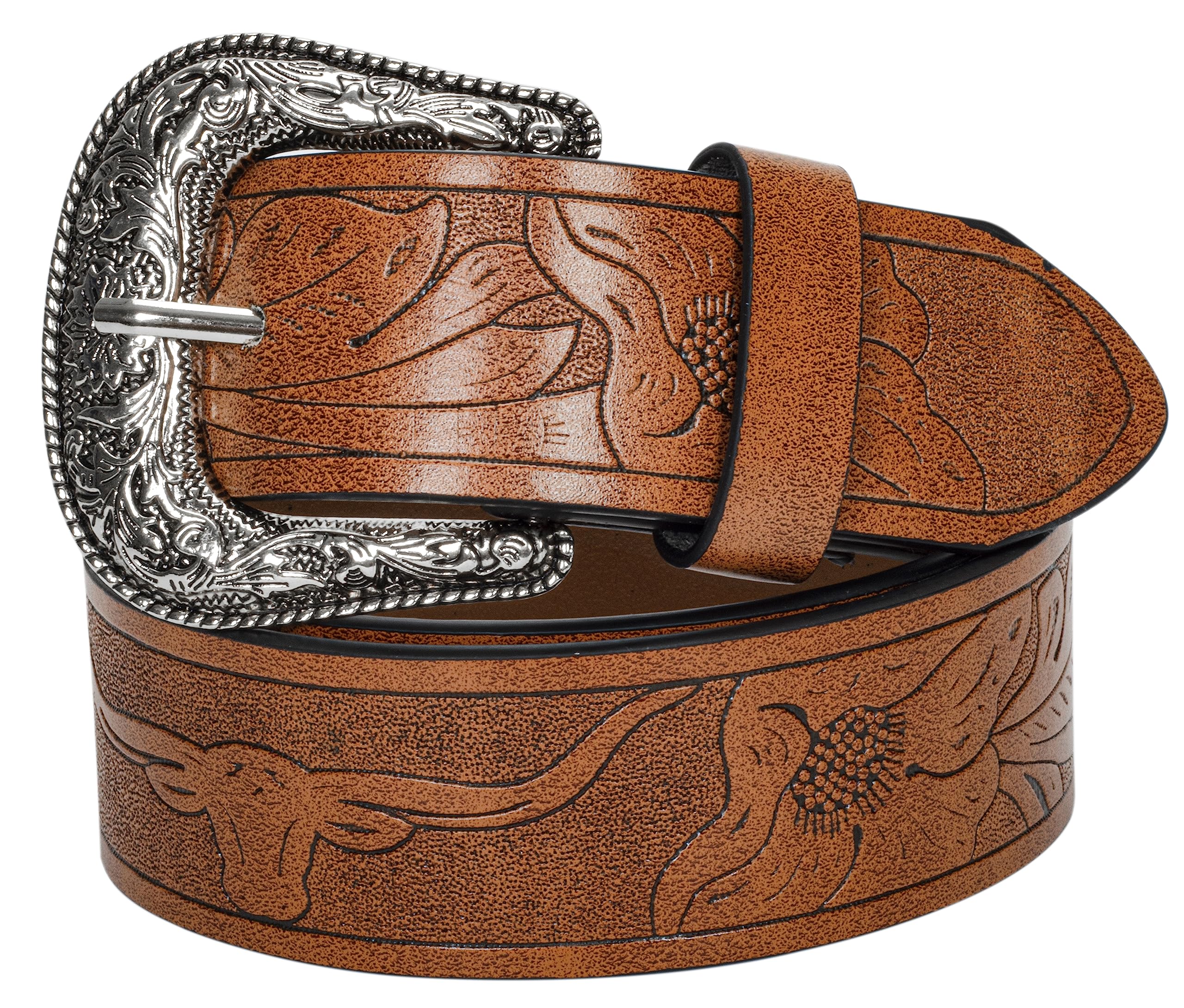 INOGIH Adjustable-Vintage-Western-Cowboy-Belt Women Men - Cowboy-Style Engraved-Buckle Belt for Jeans Pants Dresses