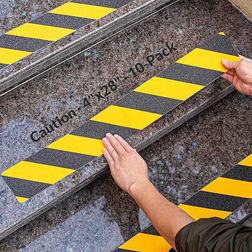 LifeGrip - Peldaños de tracción antideslizantes (paquete de 10), 4 x 28 pulgadas, amarillo y negro, cinta de mejor agarre con textura