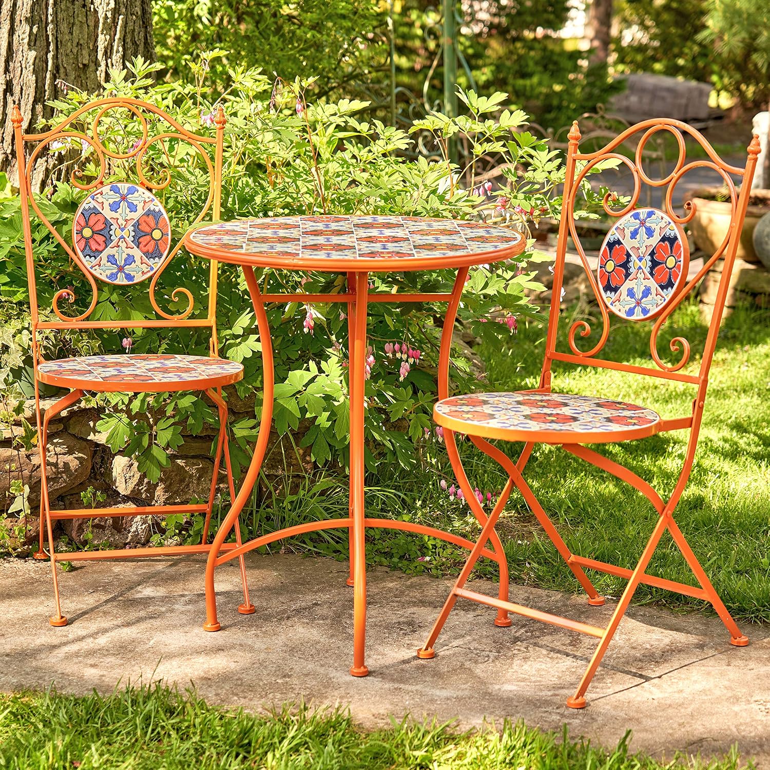 Zaer Ltd. Mosaic Tile Furniture (Bistro Set (1 Table, 2 Chairs), Saint Petersburg Orange)