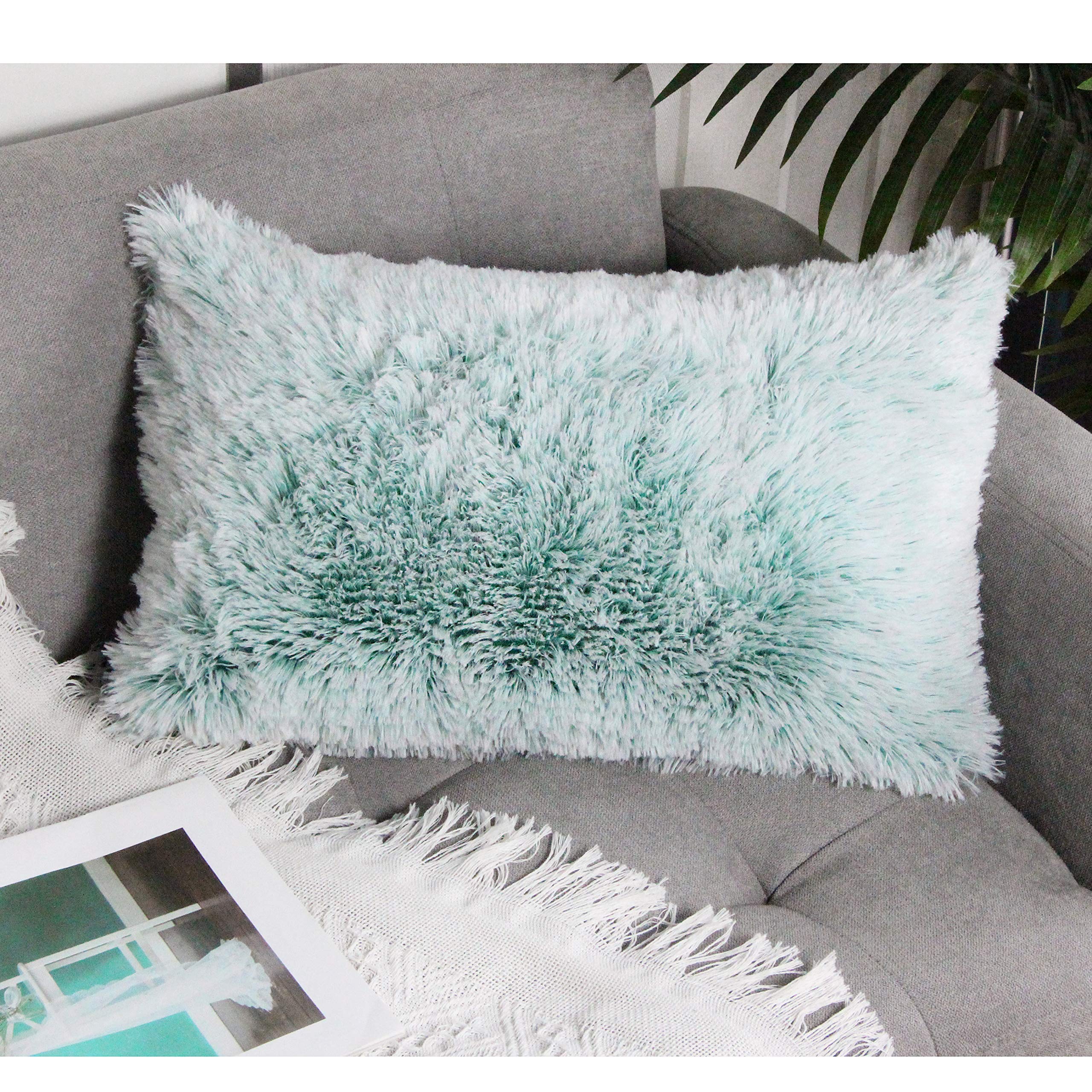 Uhomy Fluffy Accent Pillows Cover 20"x12", Soft Green Ombre Faux Fur Throw Pillow Case, Modern Luxury Decorative Square Cushion Cover for Farmhouse