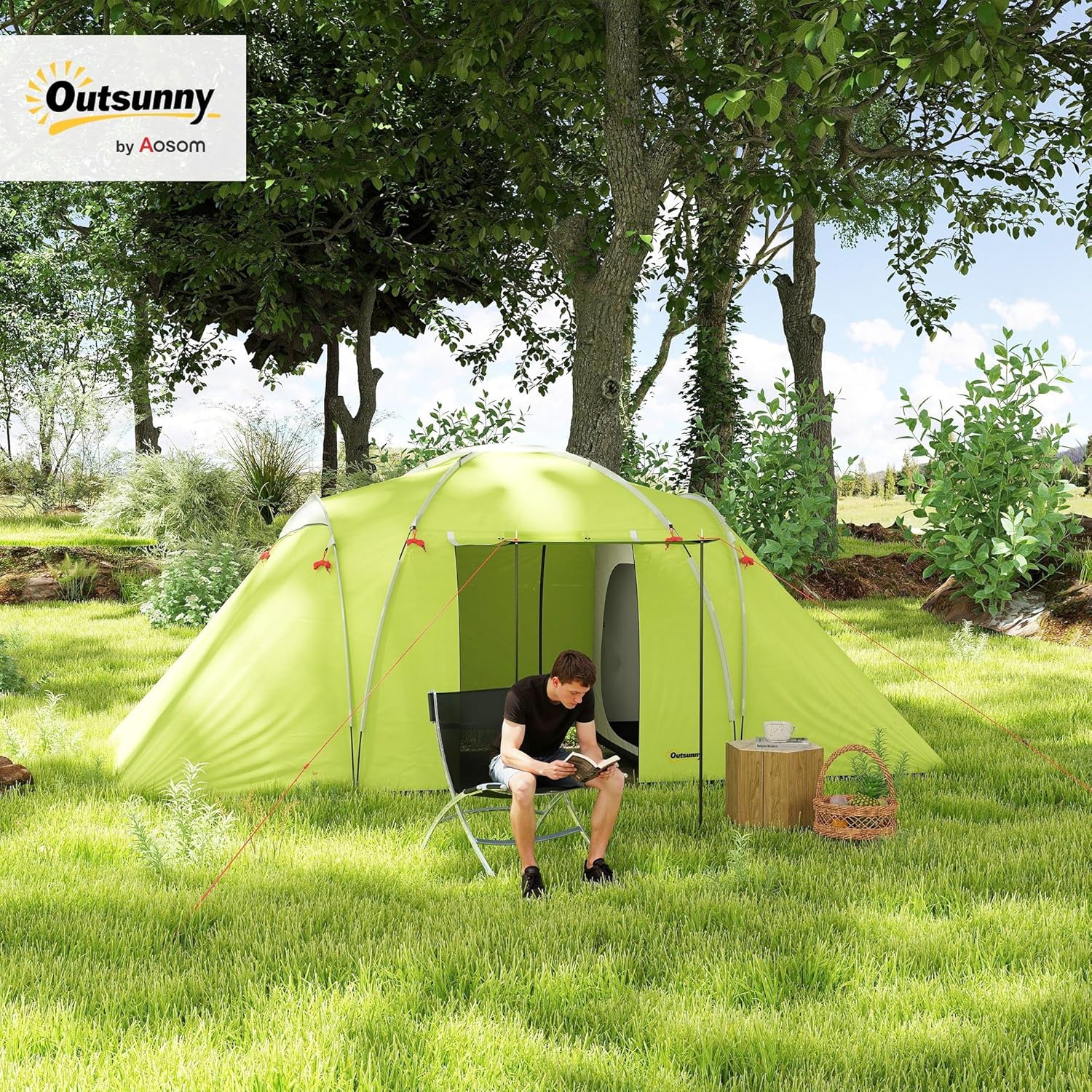 Outsunny camping tent pitched in a grassy area with trees, showing a person reading outside.