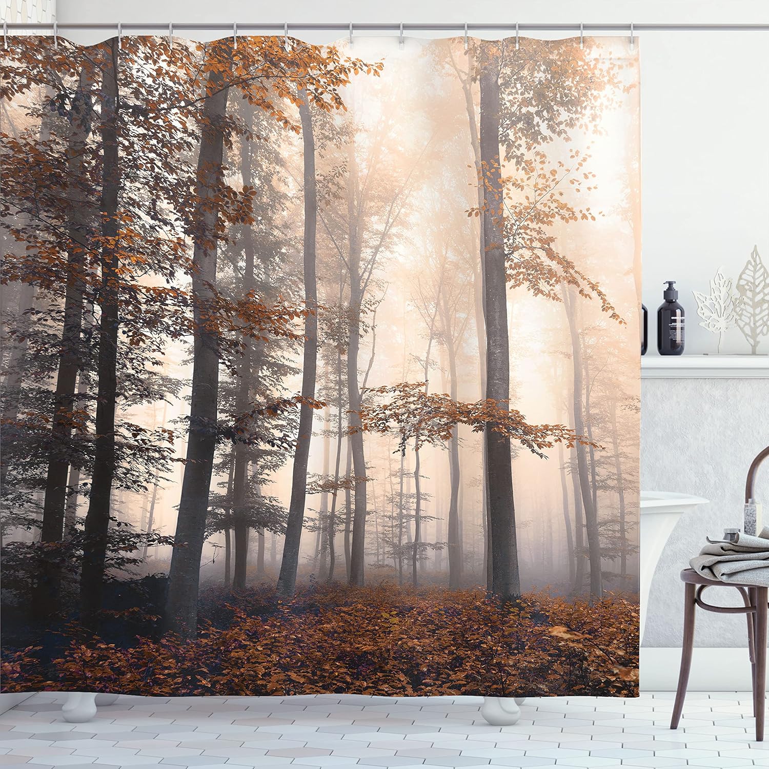 Ambesonne Forest Shower Curtain, Autumn Season Mystic Foggy Fall Nature and Enchanted Woods Wild Trees Print, Cloth Fabric Bathroom Decor Set with Hooks, 69" W x 75" L, Pale Brown