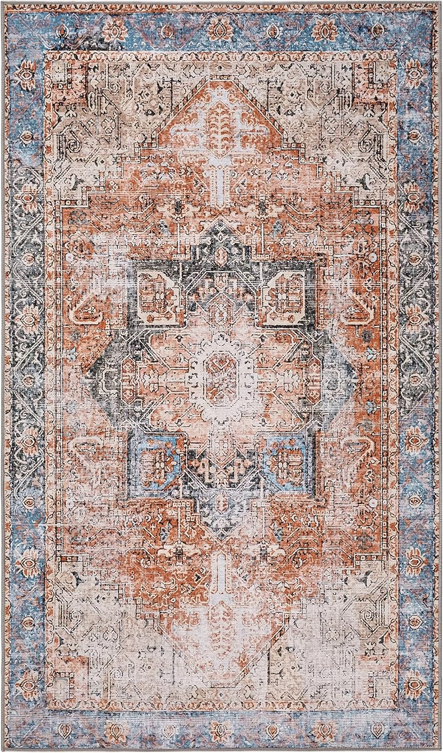 Estmy Farmhouse Boho Vintage Area Rug - Ultra Thin Non-Slip Washable Flatweave 4x6 Oriental Distressed Oriental Carpet Tribal Indoor Rugs for Kitchen Bedroom Entryway Living Room