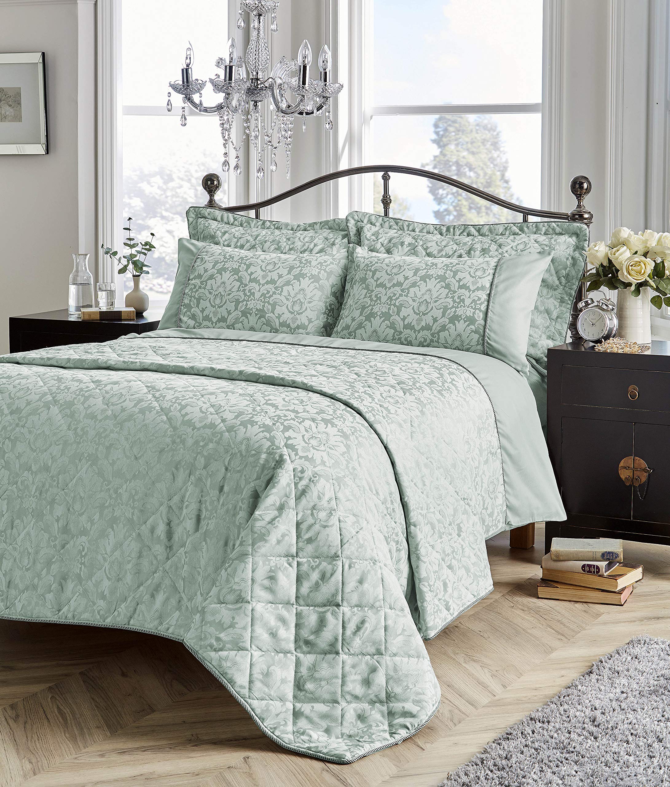 Looms & Leaves C Green Savoy Jacquard Luxurious Duvet Cover Sets Bedding Sets In (, Superking)