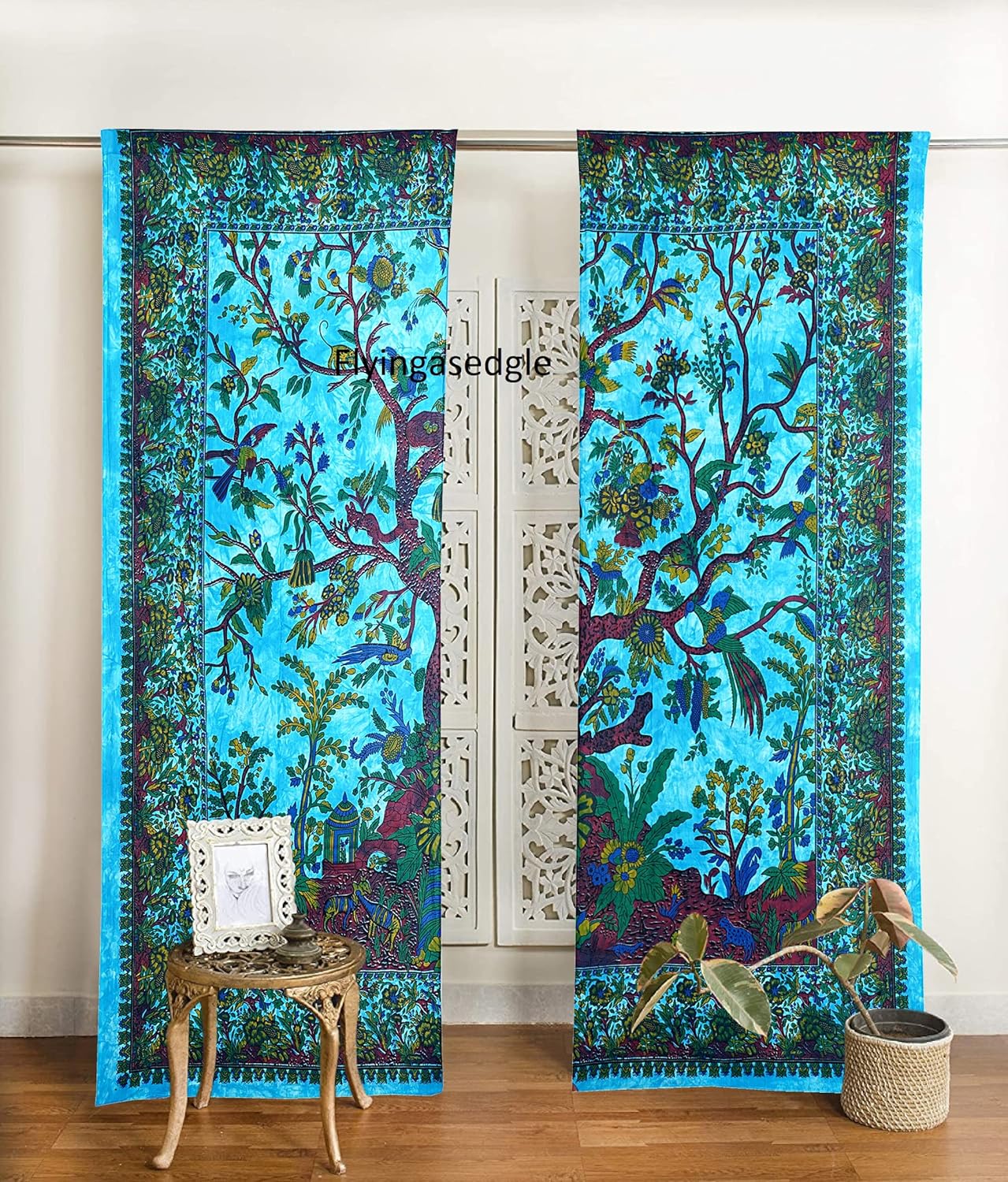 Indian Mandala Curtain Balcony Sheer Room Divider Living Room Bohemian Decor Light-Filtering Blackout Gypsy Door Curtain (82x41 Inches, Turquies T.L)