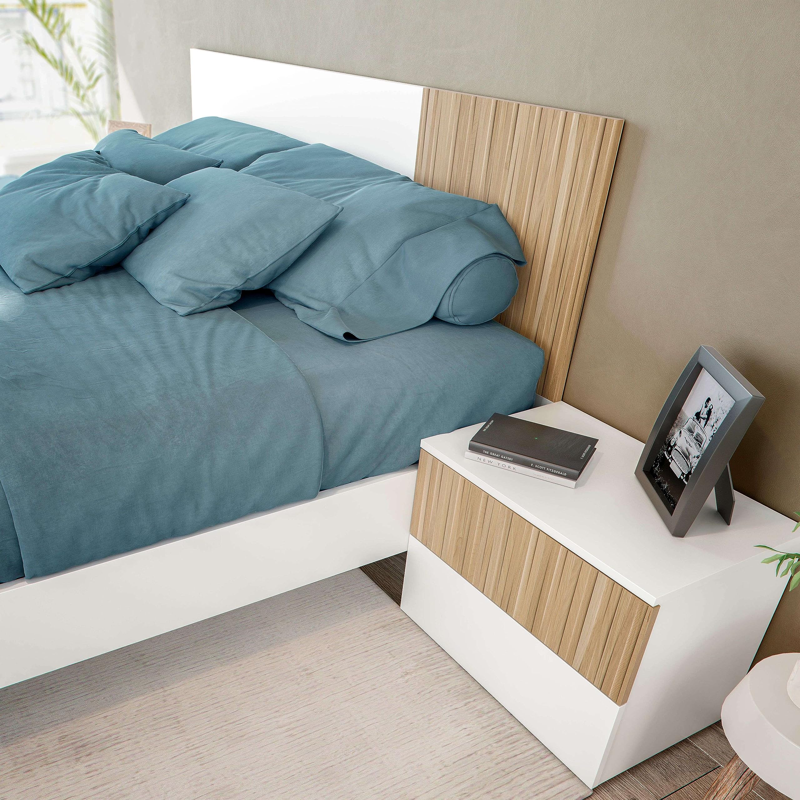 Habitdesign Cabezal + 2 Mesitas, 266x91x34 (AnchoxAltoxFondo-en cm), Color Blanco Artik y Natur, Cabezal Reversible y 2 Mesitas, Modelo Ethna