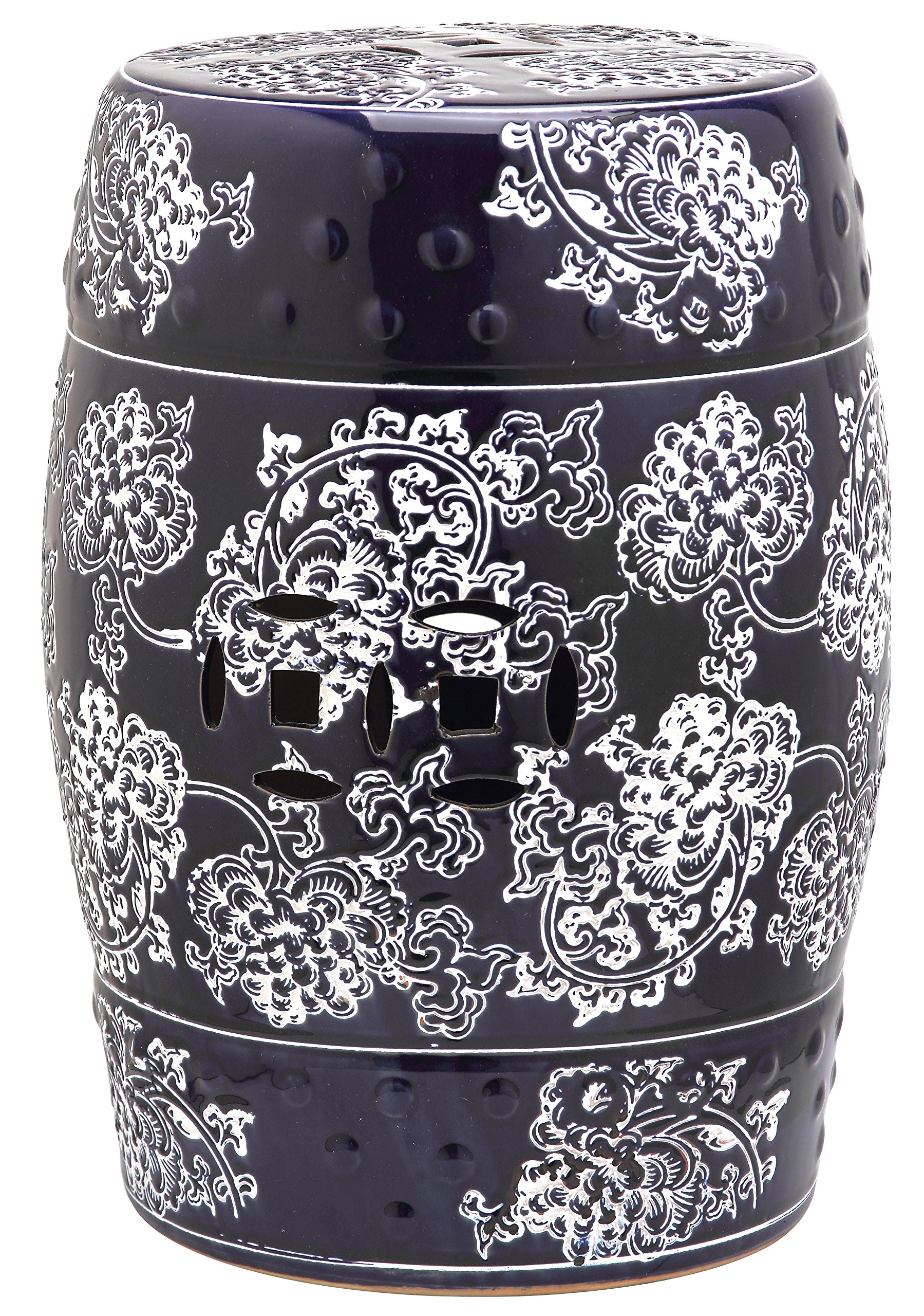 Safavieh Midnight Flower Ceramic Decorative Garden Stool, Navy and White