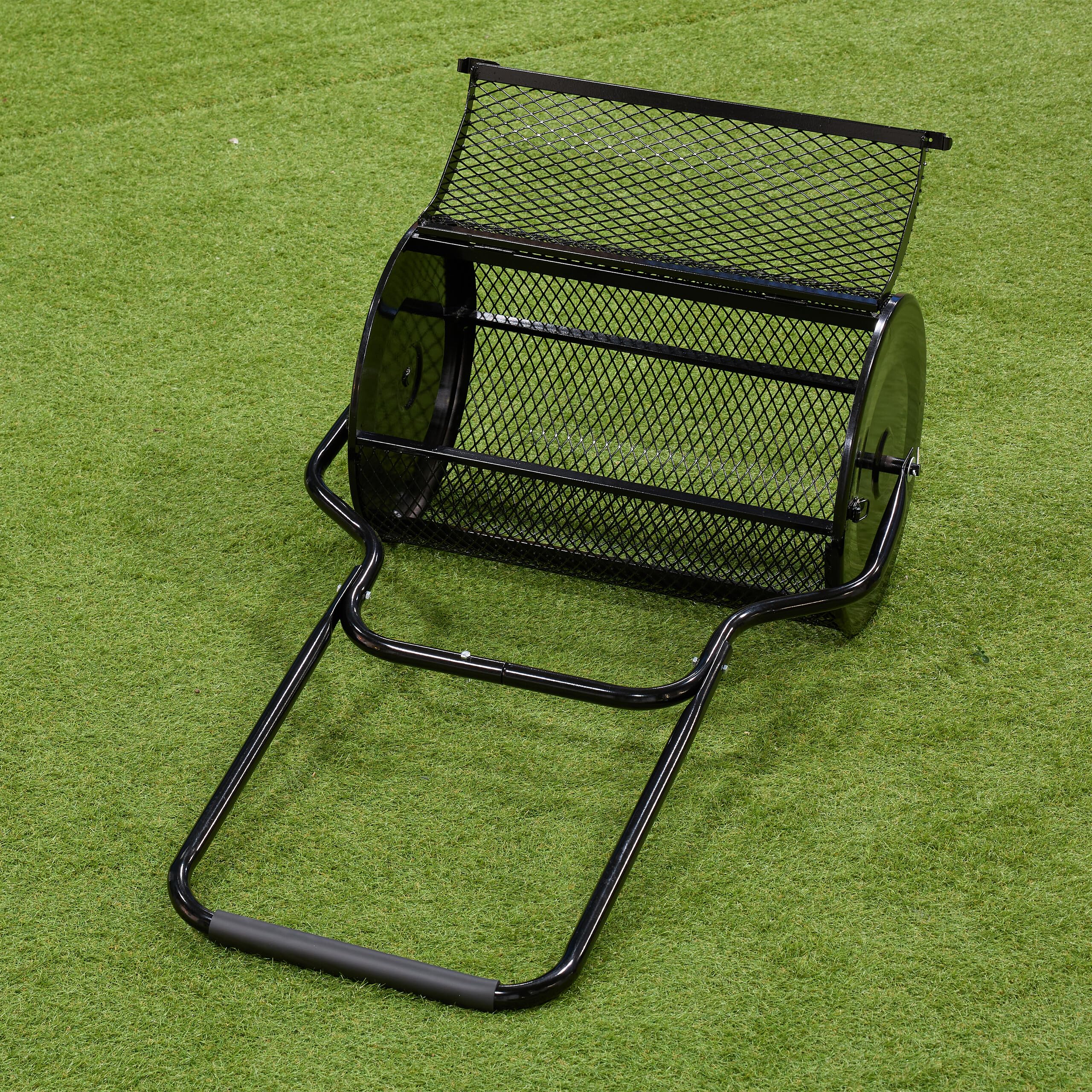 Relaxdays Esparcidor de Abono para Césped, Cesta de Rejilla 80 L, Dispensador Compost con Asa, 118 x 68 x 40 cm, Negro, Acero, Gomaespuma