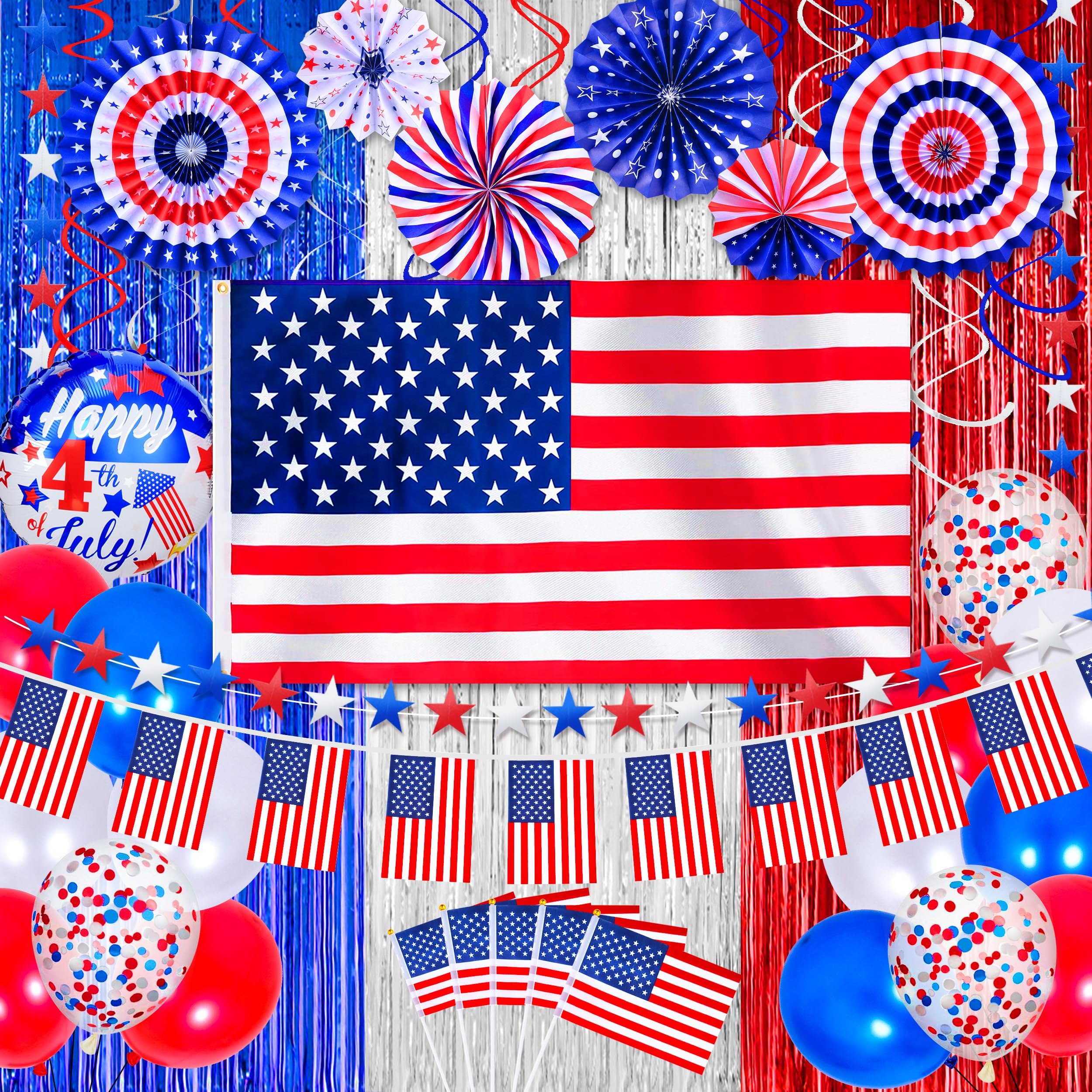 4th of July Party Decorations American Flag and Bunting American Patriotic Party Decorations Red Blue and Silver Fringe Curtain Hanging Paper Fans Independence Day Decorations USA Party Decorations