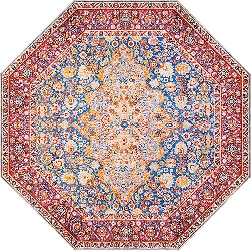 Unique Loom Revival Collection - Alfombra octogonal tradicional con borde de medallón azul marinorojo (7 pies 6 pulgadas x 7 pies 6 pulgadas)