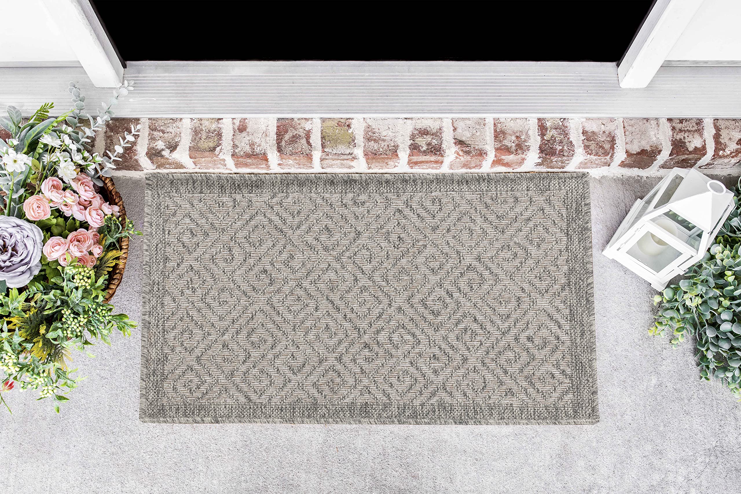 Serdim Rugs Silver-Greek Harper Kilim Braided Greek Key Design Outdoor Rugs, Silver, Rectangle 50 X 80Cm