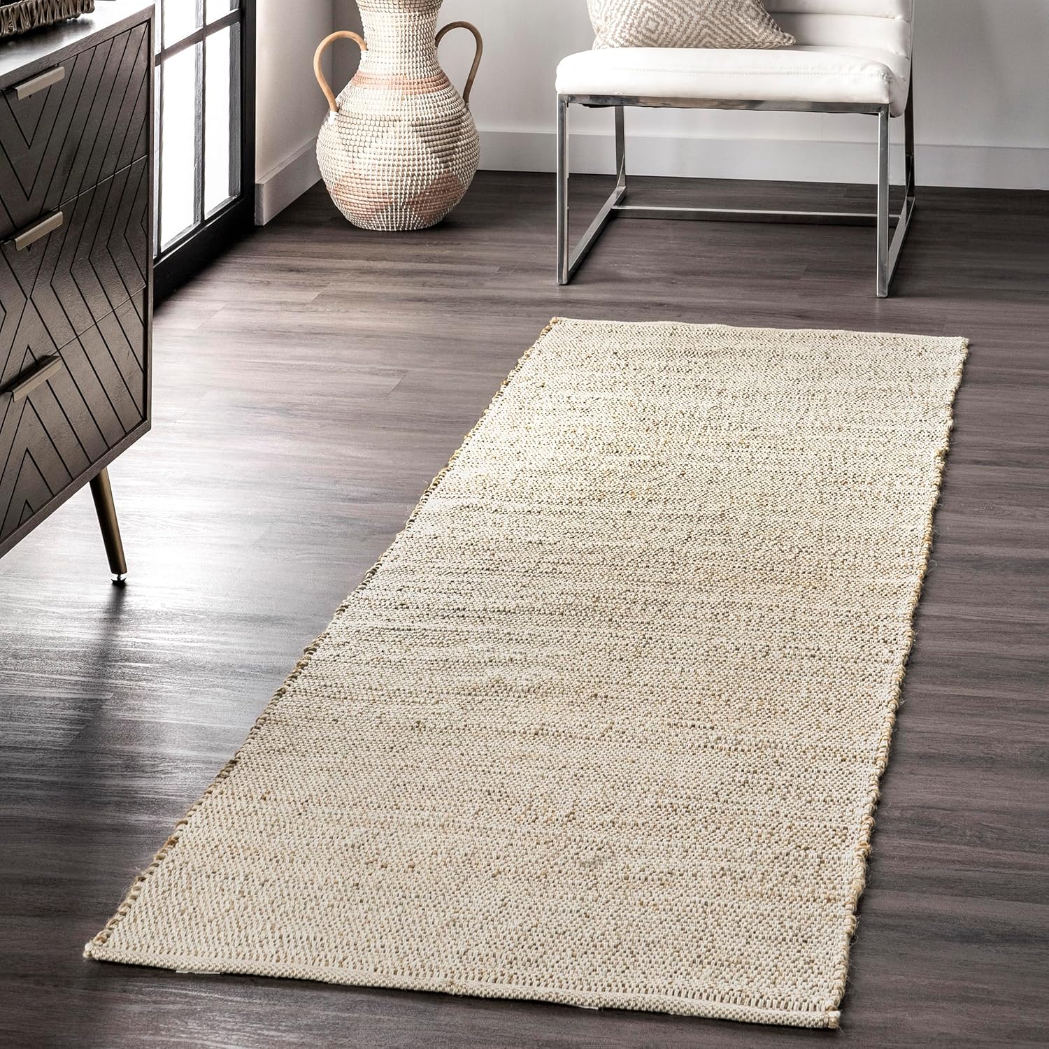 nuLOOM 2'6" x 6' Elfriede Jute & Cotton Hand Woven Area Rug, Natural, Solid Rustic Farmhouse Style, Weaved Design, Natural Fiber, For Bedroom, Living Room, Dining Room, Hallway, Office, Entryway