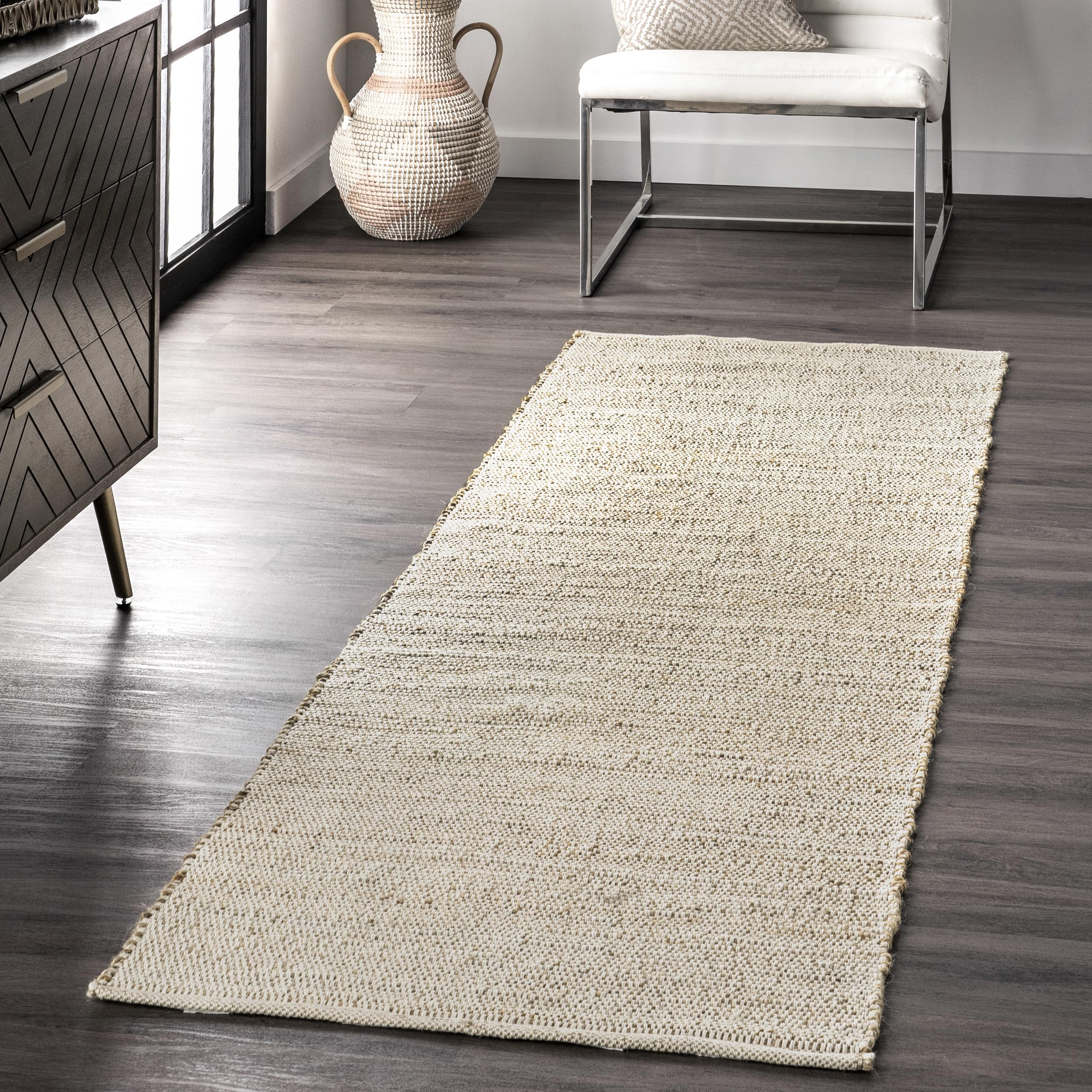 nuLOOM 2'6" x 6' Elfriede Jute & Cotton Hand Woven Area Rug, Natural, Solid Rustic Farmhouse Style, Weaved Design, Natural Fiber, For Bedroom, Living Room, Dining Room, Hallway, Office, Entryway