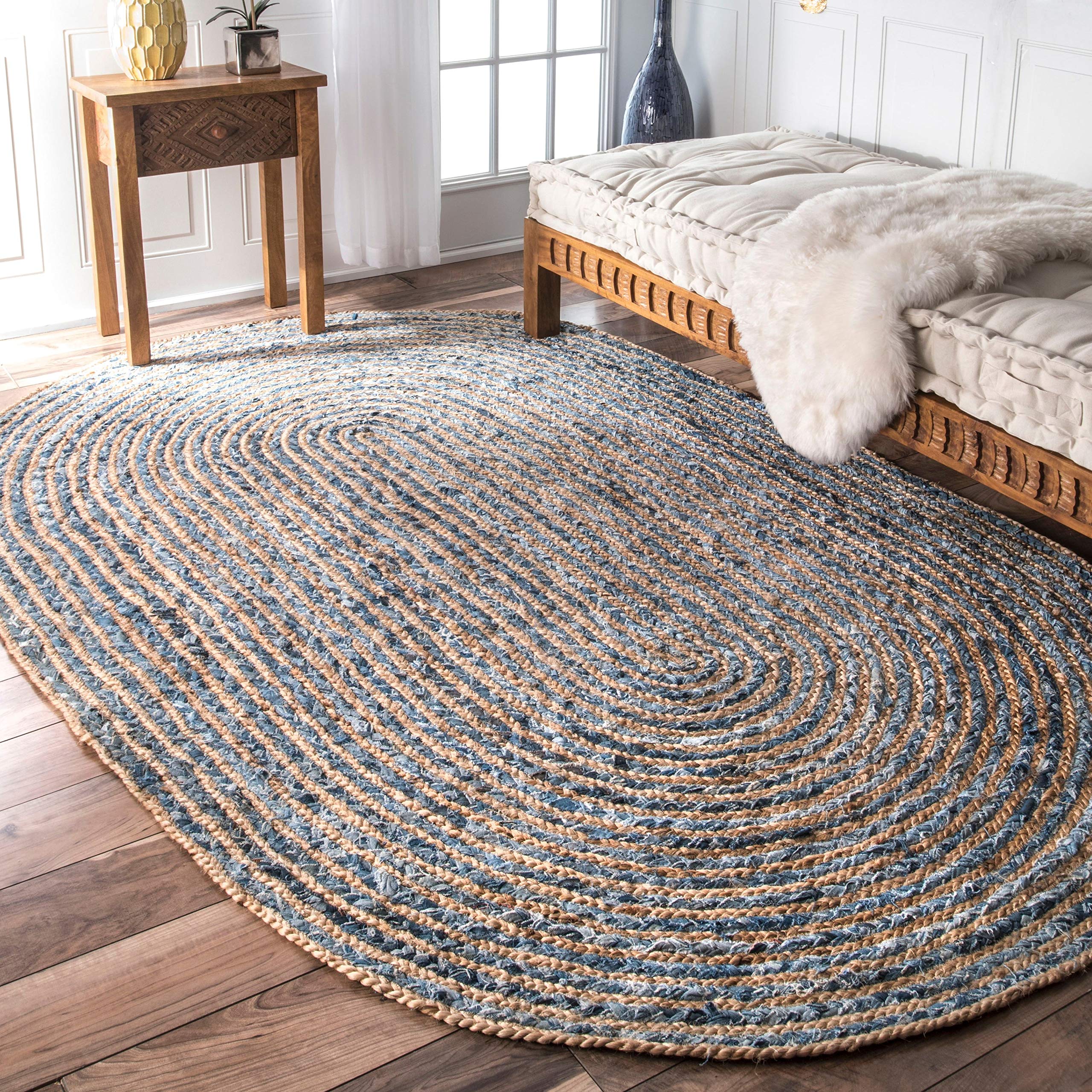 Tapis indien tressé à la main en jute naturelle avec denim et coton - Pour salle à manger, salon - Ovale (60 cm x 90 cm)