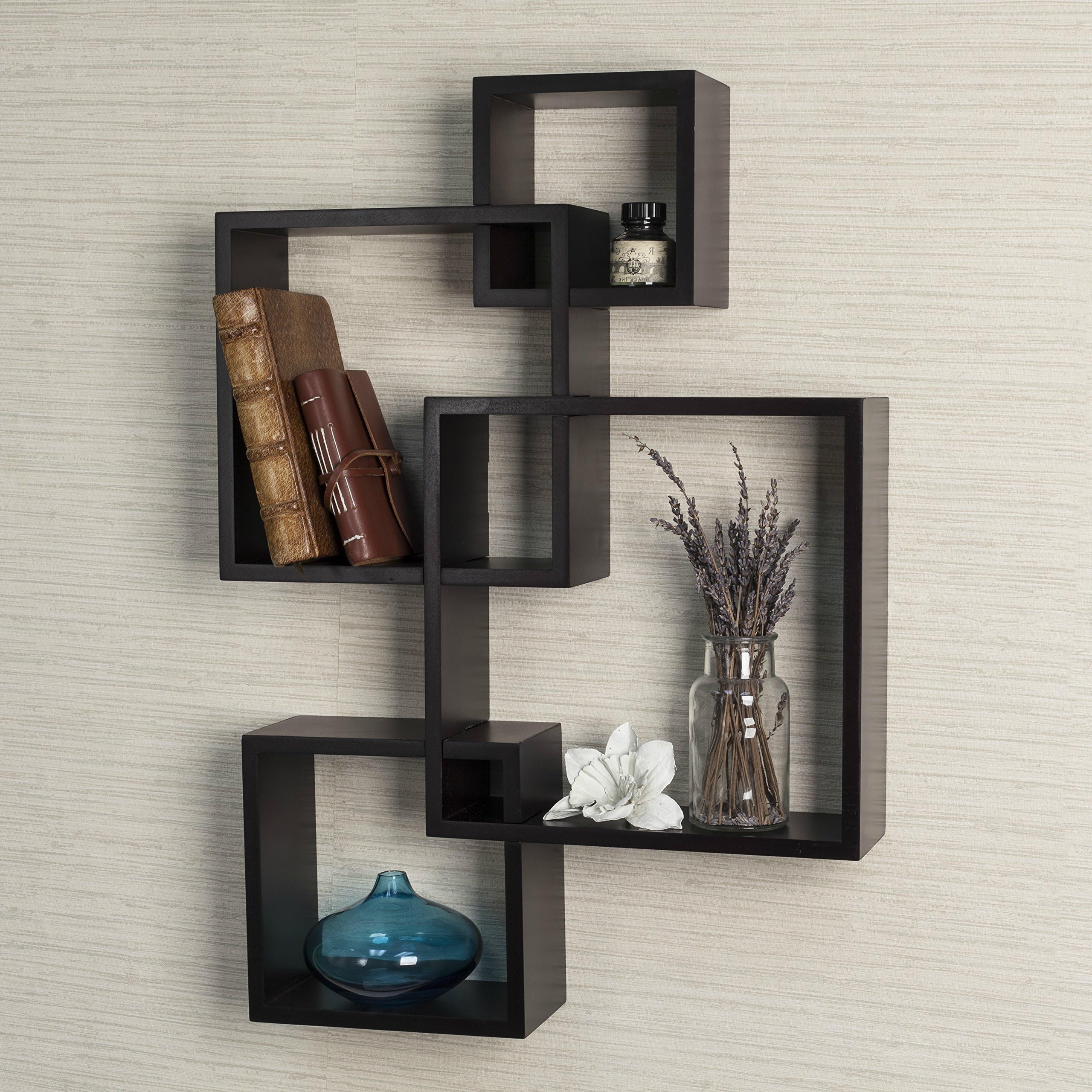 Espresso Wood Finish Four Intersecting Cubes Hanging Wall Shelf