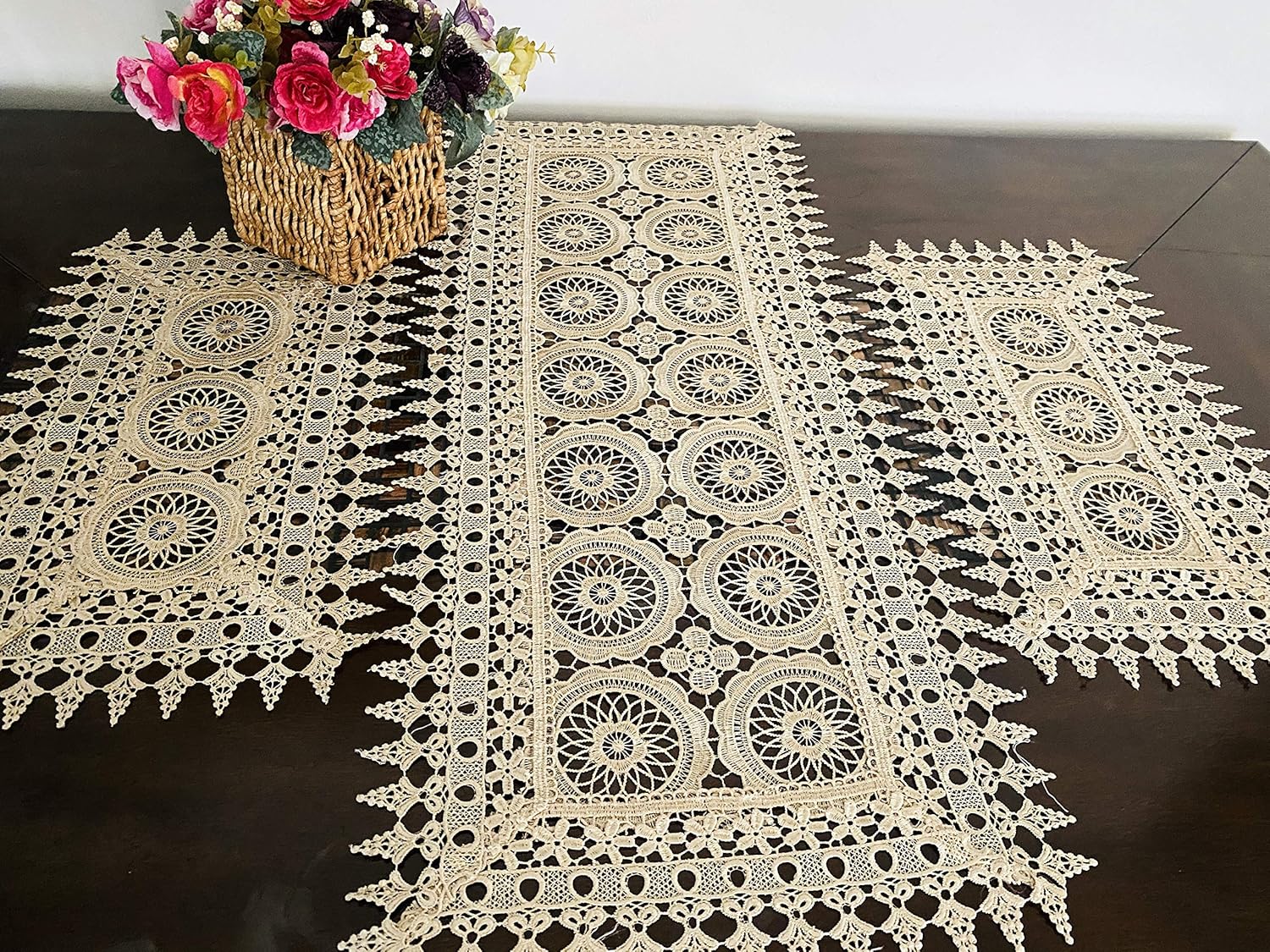 000 AMT Gorgeous Vintage Venice Lace Linen Table Runner/Dresser Scarf - Beige/White (Beige, 16x72 OB.)