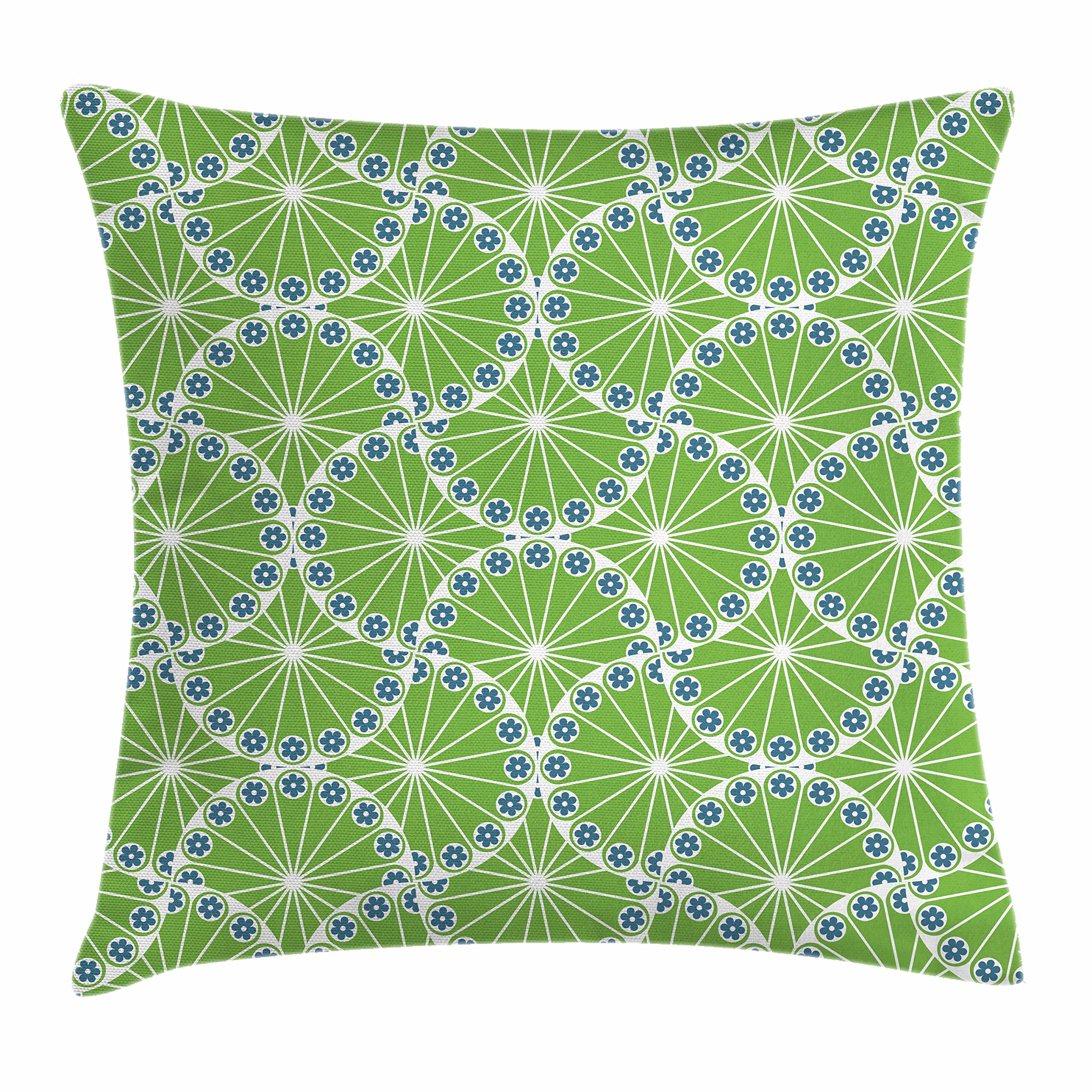 PrintaweApple Green Throw Pillow Cushion Cover, Abstract Curved Lines with Flowers Composition of Nature Growth, Decorative Square Accent Pillow Case, 18" X 18", Apple Green Blue White