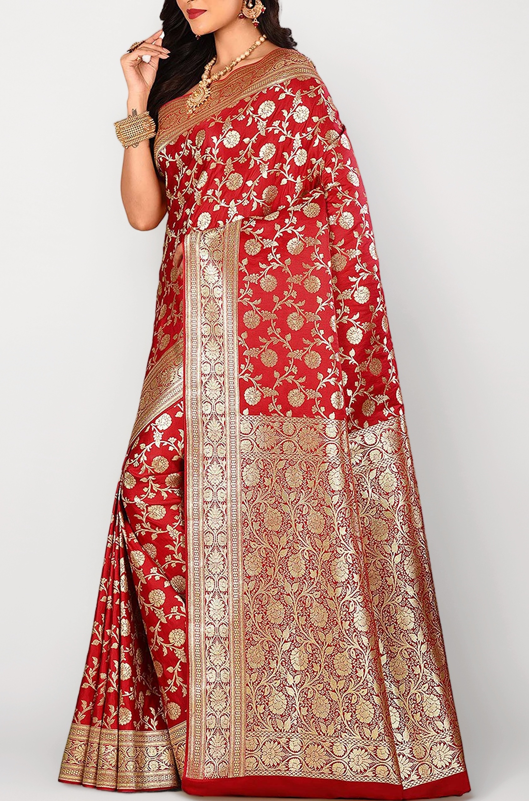 Jolly Enterprise Women's Bridal Banarasi Katan Silk Saree Zardosi Work With All Over Zari Border - Red