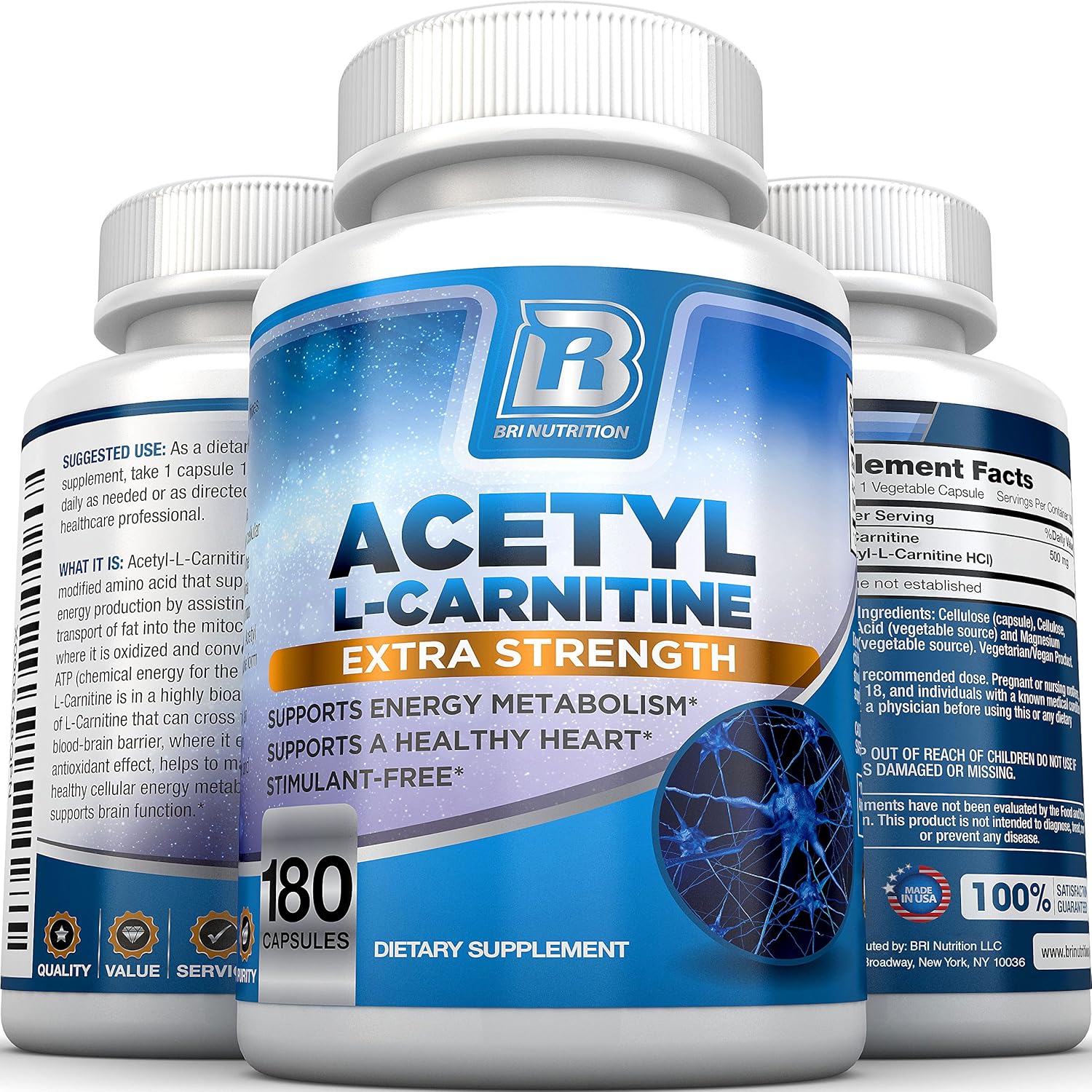 BRI Nutrition Acetyl L-Carnitine - Natural Supplement to Help Boost Energy Production, Support Memory/Focus, Promote Positive Mood - 500mg 180 Vegetable Cellulose Capsules : Everything Else