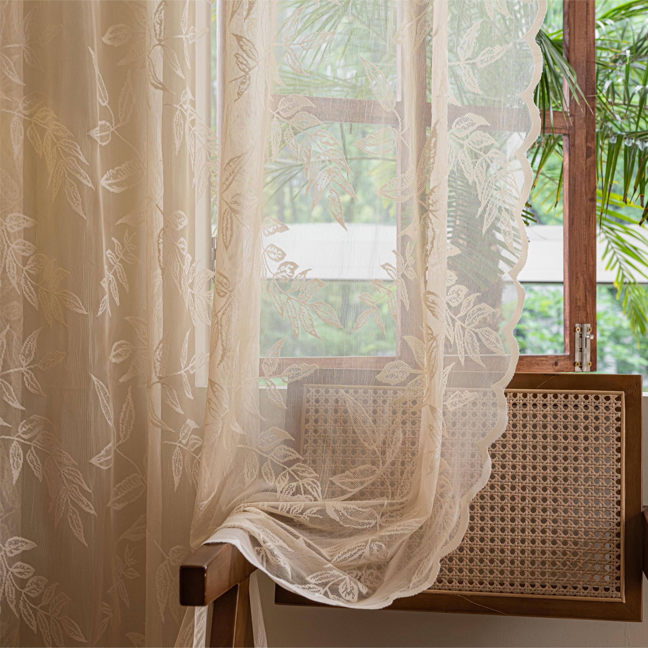 Sutuo Home Beige Lace Curtains 84 Inches Long for Bedroom Living Room, Tropical Leaf Embroidery Leaves Window Sheer Drapes Pair, Rod Pocket Vintage Country Window Treatments 2 Panels, 57" W x 84" L