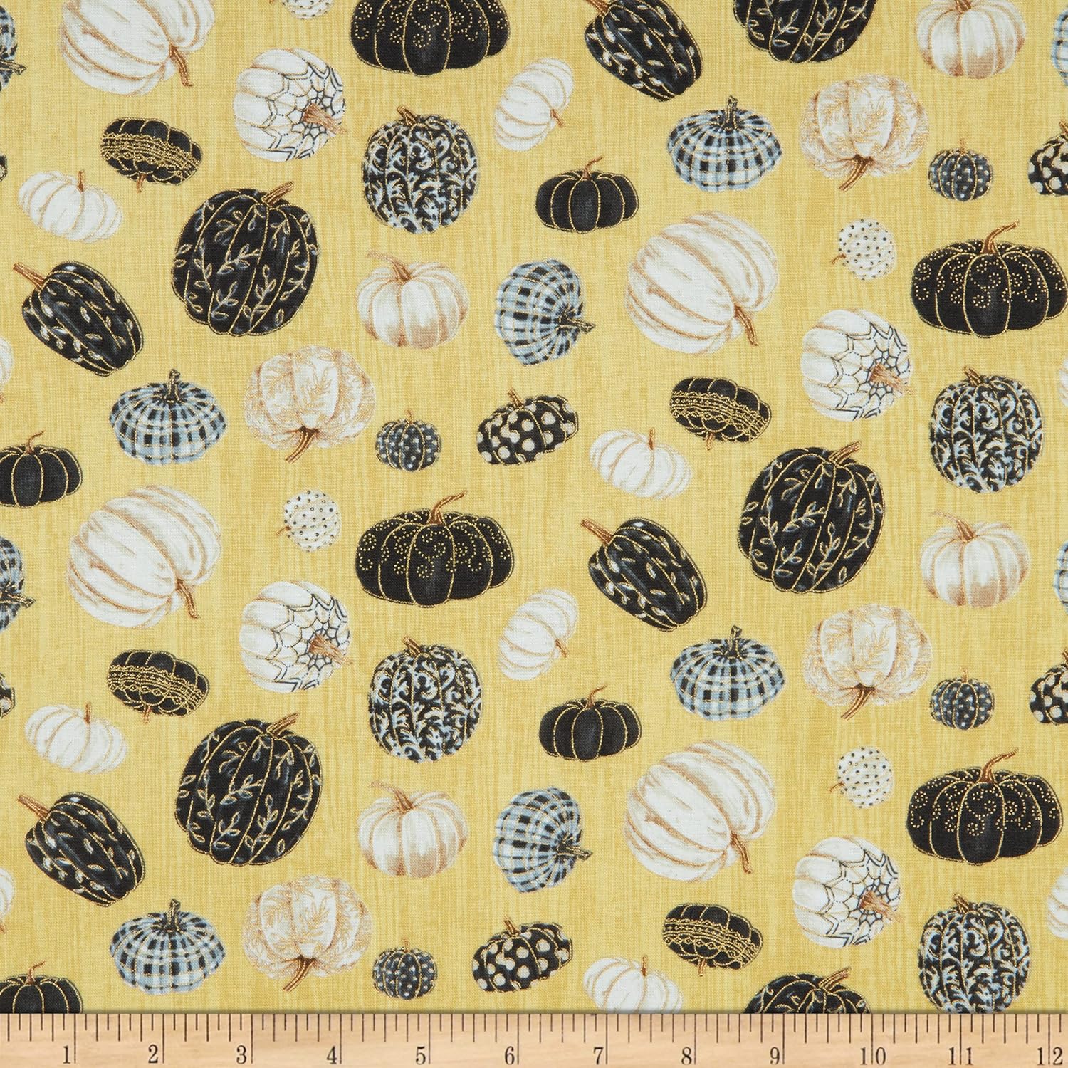 Henry Glass Metallic Fall Potpourri Tossed Pumpkins Mustard, Fabric by The Yard