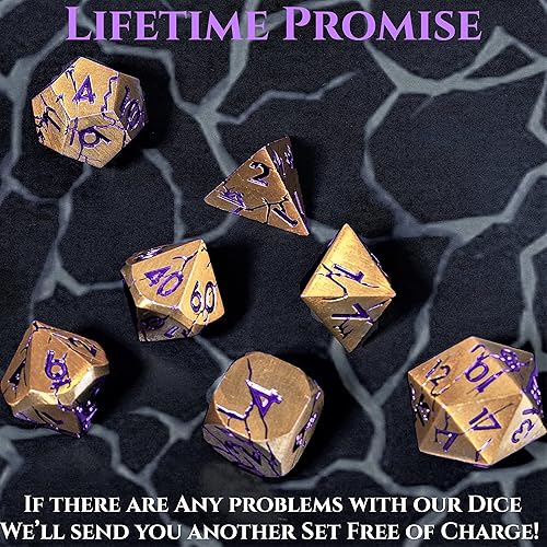 Miniatura 5 de DND - Dados de metal - Dados de metal dorado con grietas moradas - Juego de dados poliédricos para RPG D&D MTG Pathfinder y más - Juego de dados