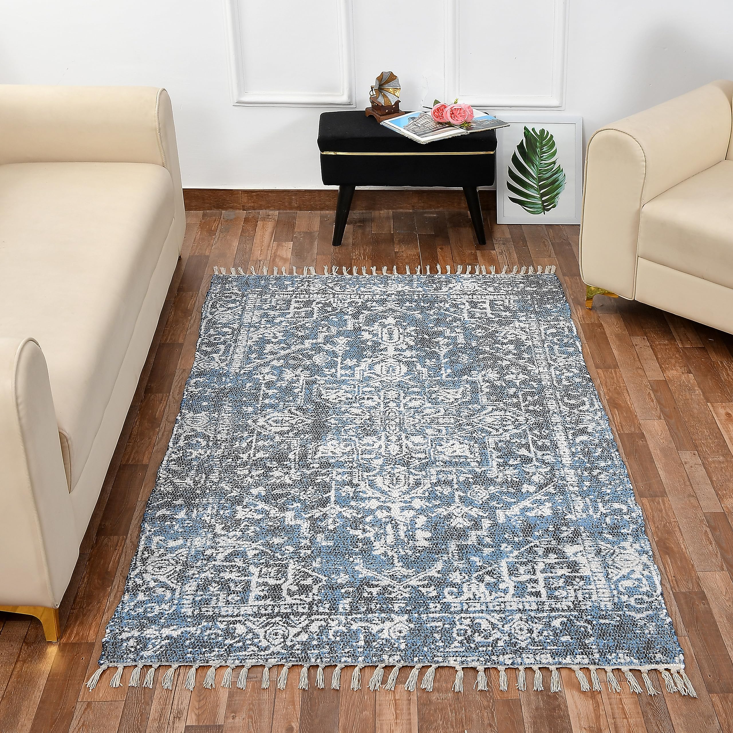 HOMADORN Handmade Sustainable Printed ModernDhurries/Rugs/Carpet Upcycled from Fabric for Living Room/Bedside Runner for Enhanced Decor (5 FEET X 7 FEET, BLUE-024)-image-38