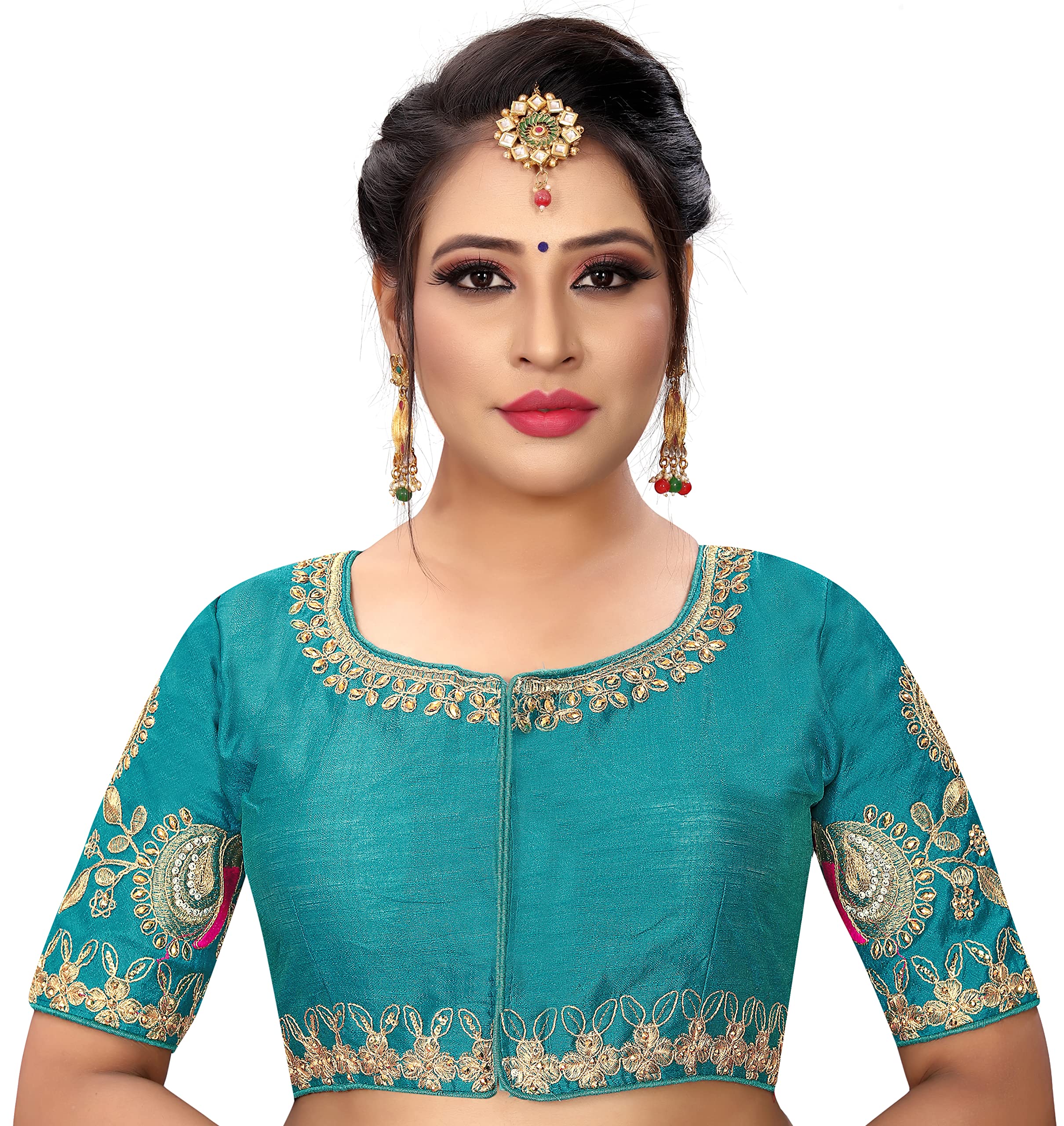 Pujia Mills Women's Phantom Silk Elephant Half Sleeve Saree Blouse (Dumbo_Rama_36 Size+Margin)
